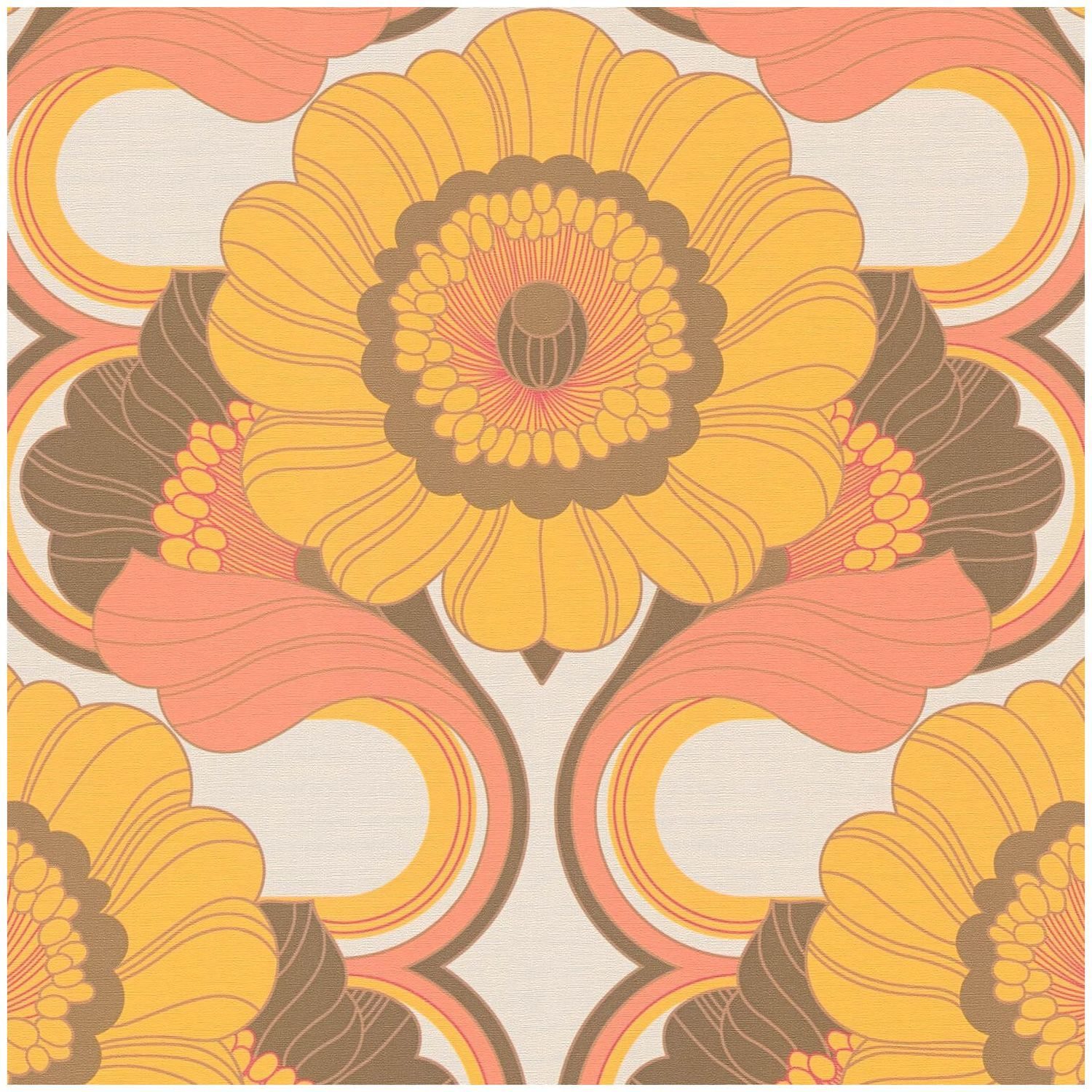 Profhome Vliestapete 395304-GU Retro Tapete Blumen matt orange braun-rot creme-weiß, geprägt, (1 Rolle, 4,51 qm), heißgeprägte Vliestapete, orange