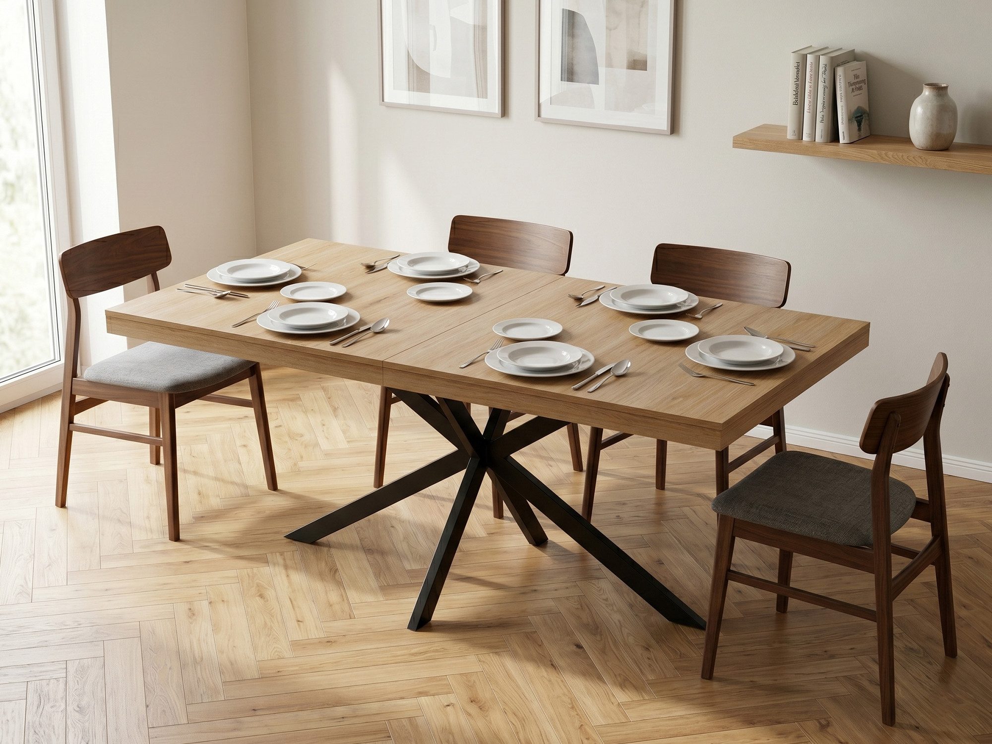 GLP Esstisch Ausziehbar 140-180 cm mit Stauraum (integrierte Besteckschublade, stabiles X Metallgestell schwarz, 5,4 cm MDF Tischplatte), Küchentisch Esszimmertisch für 4-6 Personen