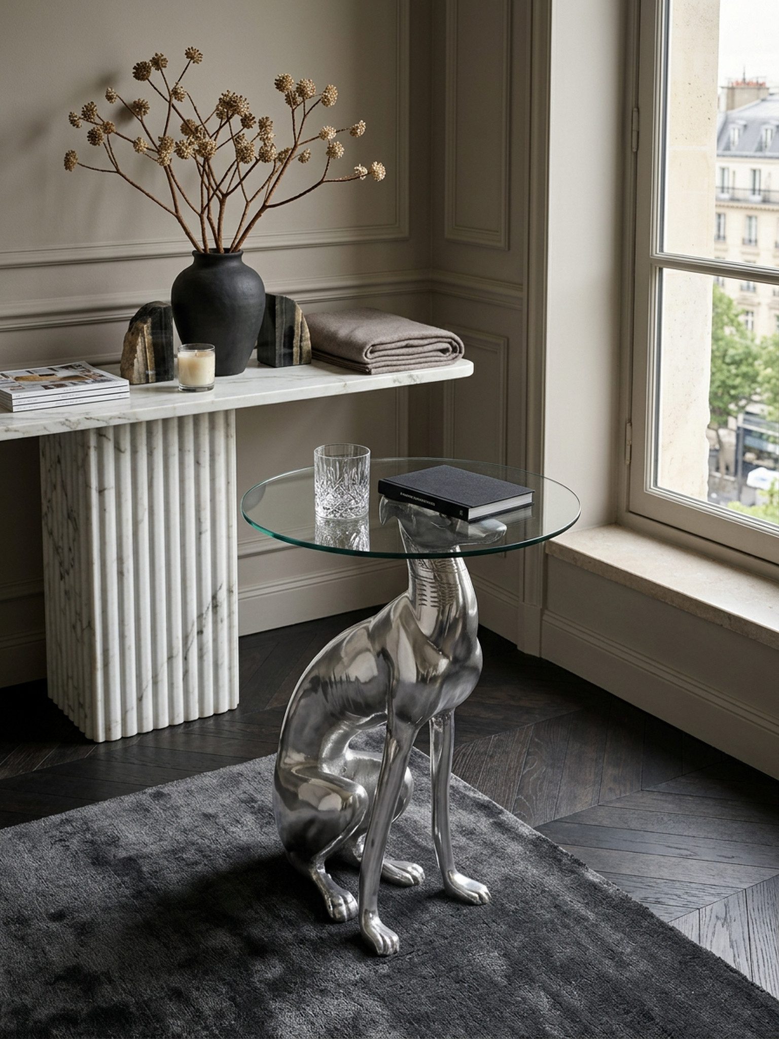 KADIMA DESIGN Beistelltisch Design Deko Beistelltisch Figur DOG aus Aluminium Farbe Silber
