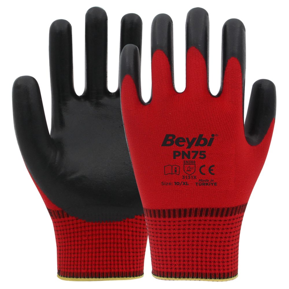 Beybi Arbeitshandschuhe 12 Paar Arbeitshandschuhe, Polyester, Rot und Schwarz (Einrichtugszubehör)