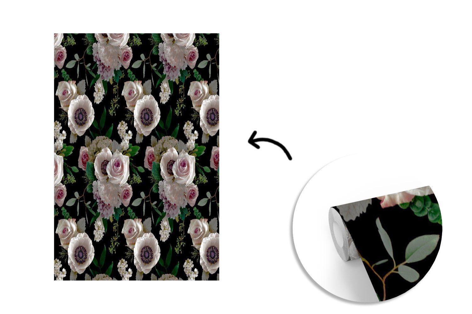 Vinyl Blumen MuchoWow (3 bedruckt, Wohnzimmer, Tapete - Matt, - St), Montagefertig Rose Fototapete Anemone, Wandtapete für