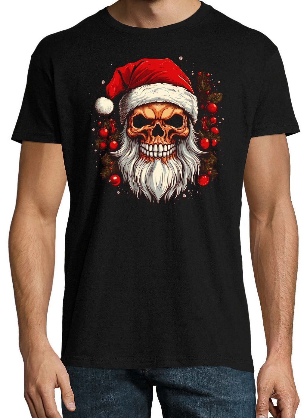 mit T-Shirt Frontprint Skull Totenkopf Santa Schwarz Shirt trendigem Youth Herren Designz