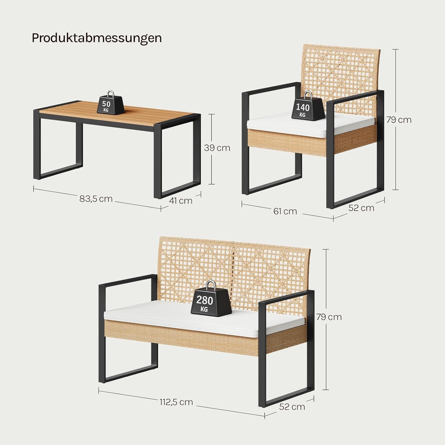 Woltu Gartenlounge-Set, (4-tlg), Gartenmöbel mit 1 Sofa 2 Sessel 1 Couchtisch und Kissen, Rattan-Optik