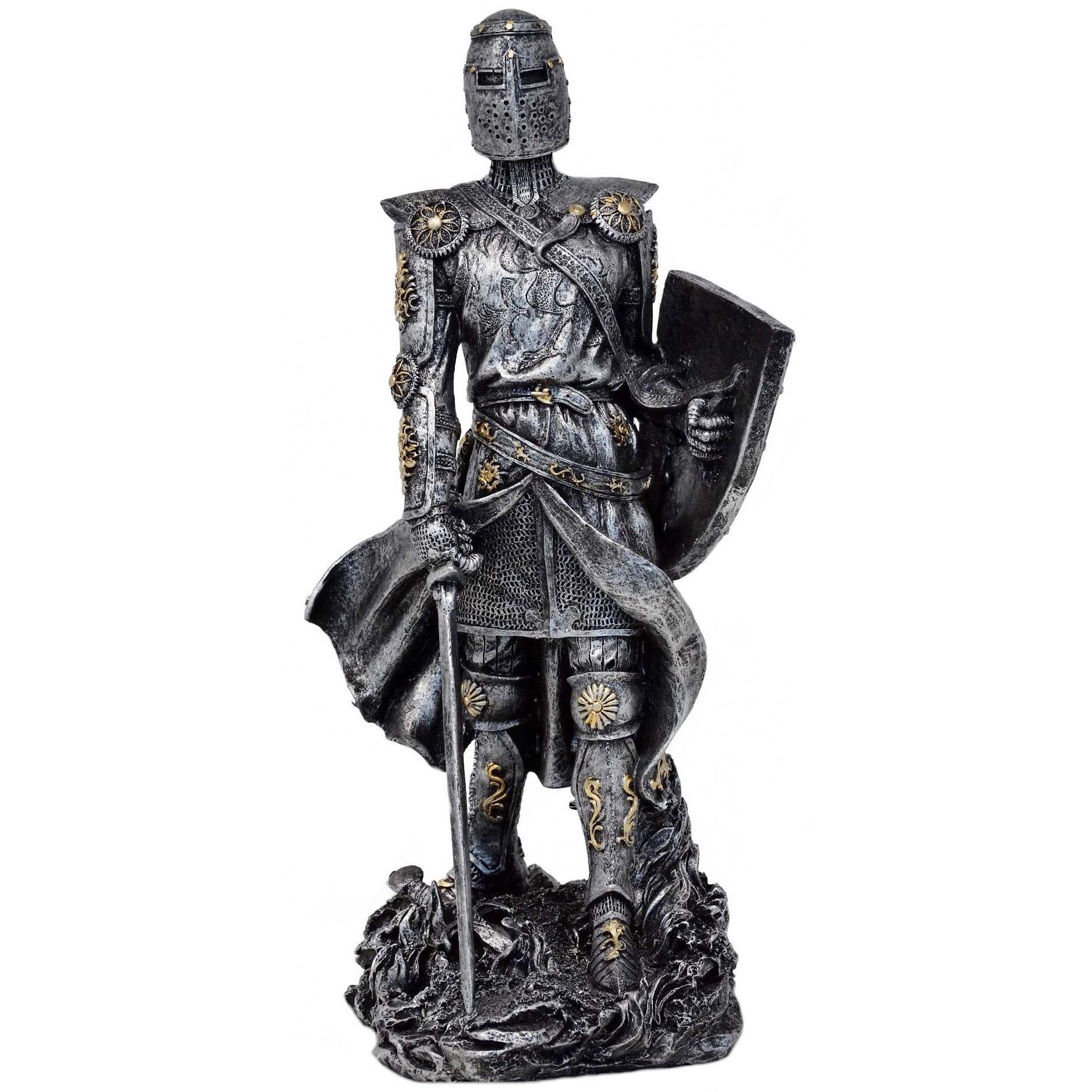 MystiCalls Dekofigur Großer Ritter stehend mit Schwert und Schild silberfarben Ritterfigur (1 St), Sammelfigur, Sammlerfigur, Designerfigur, Dekofigur, Dekorationsobjekt