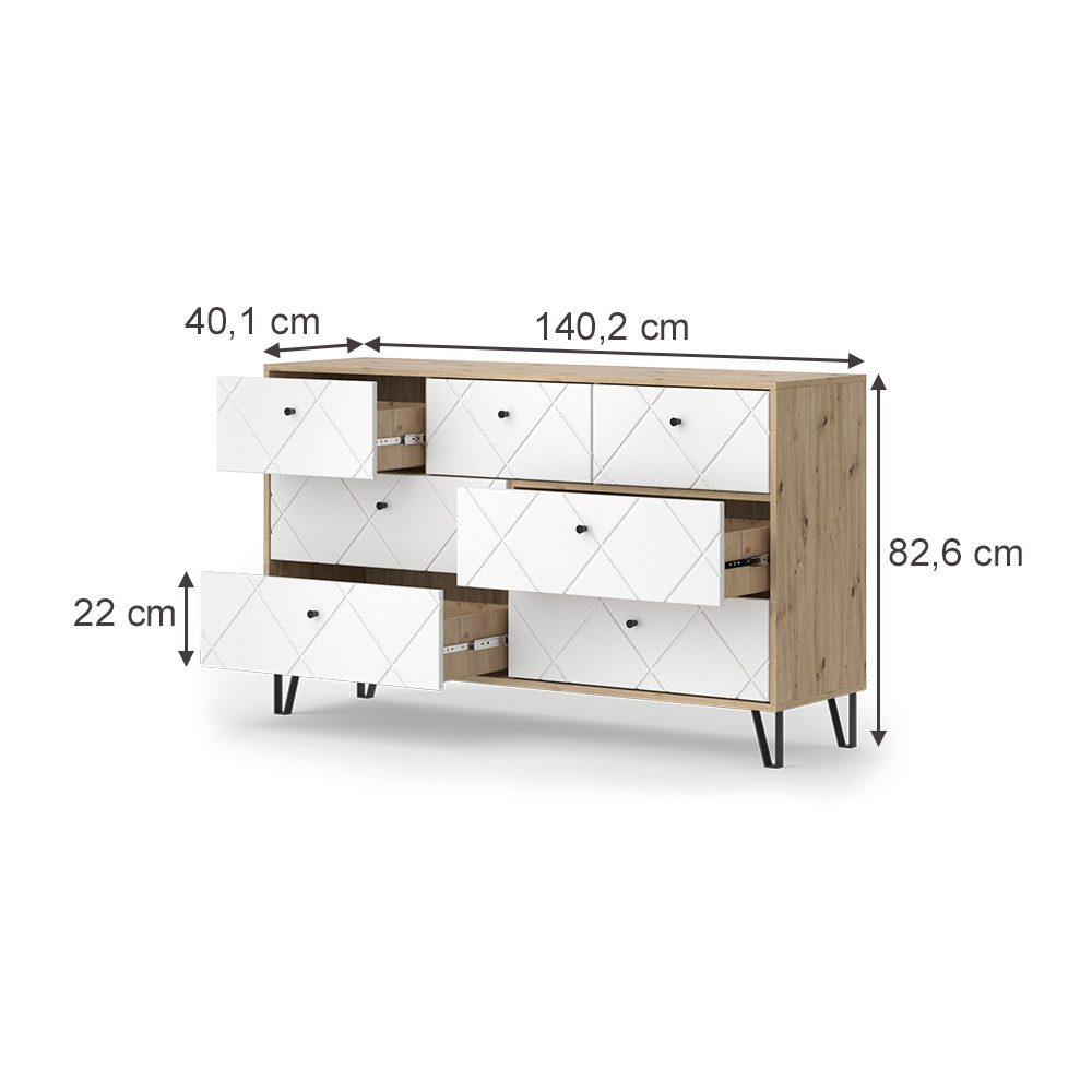 Vicco Kommode Nizza, Artisan/Weiß/Weiß, 140.2 x 82.6 cm mit 7 Schubladen (1 St)