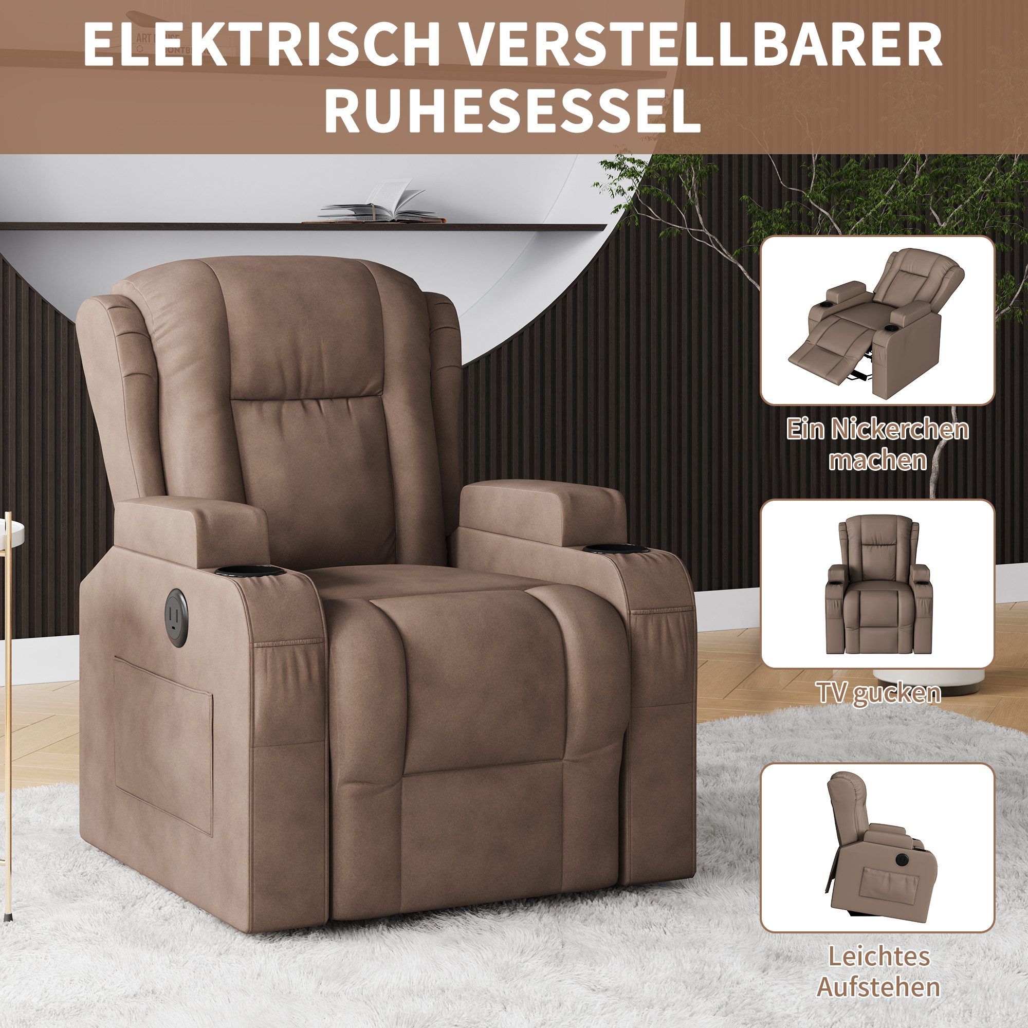 ADWOLT Relaxsessel Elektrisch Massagesessel mit Liegefunktion Fernsehsessel TV-Sessel (Set, 1-St), Liegesessel Heizung Verstellbar Sessel mit Ladeanschlüsse,Braun