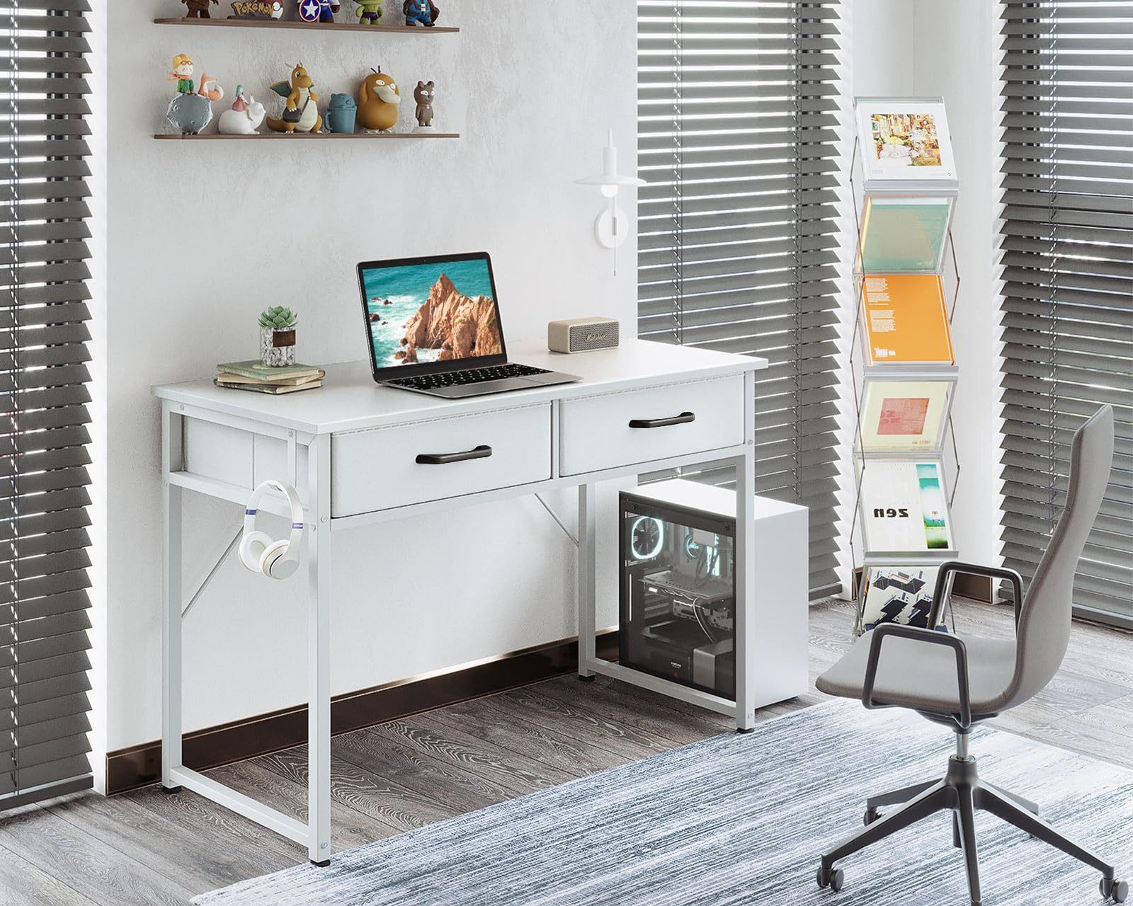 ODK Schreibtisch mit 2 Stoffschubladen und Kopfhörerhaken (1-St), Kompakter PC-Tisch für Home Office, 100×40×78,7 cm