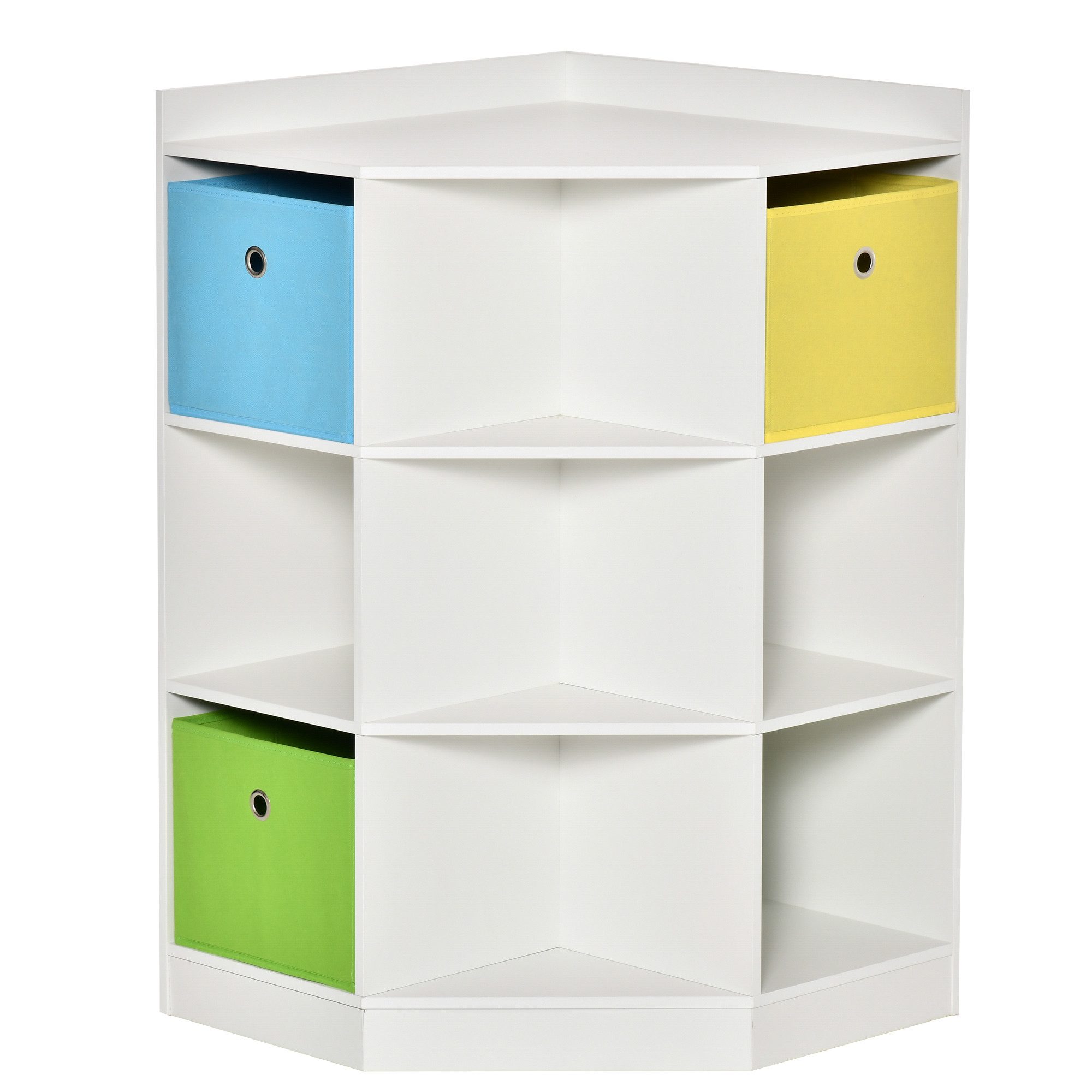 HOMCOM Kinderregal Bücherregal Kinderzimmerregal, 7 offene Fächer, Kindergarten, Eckregal mit 3 Aufbewahrungsboxen 1-tlg., für Kinderzimmer, für 3-12 Jahre Kinder, Weiß