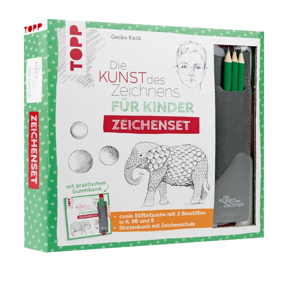 Die Kunst des Zeichnens für Kinder Zeichenset / Gecko Keck, Kinder-Zeichenschule mit Skizzenseiten und cooler Stiftetasche mit 3 Bleistiften. Mit praktischem Gummiband