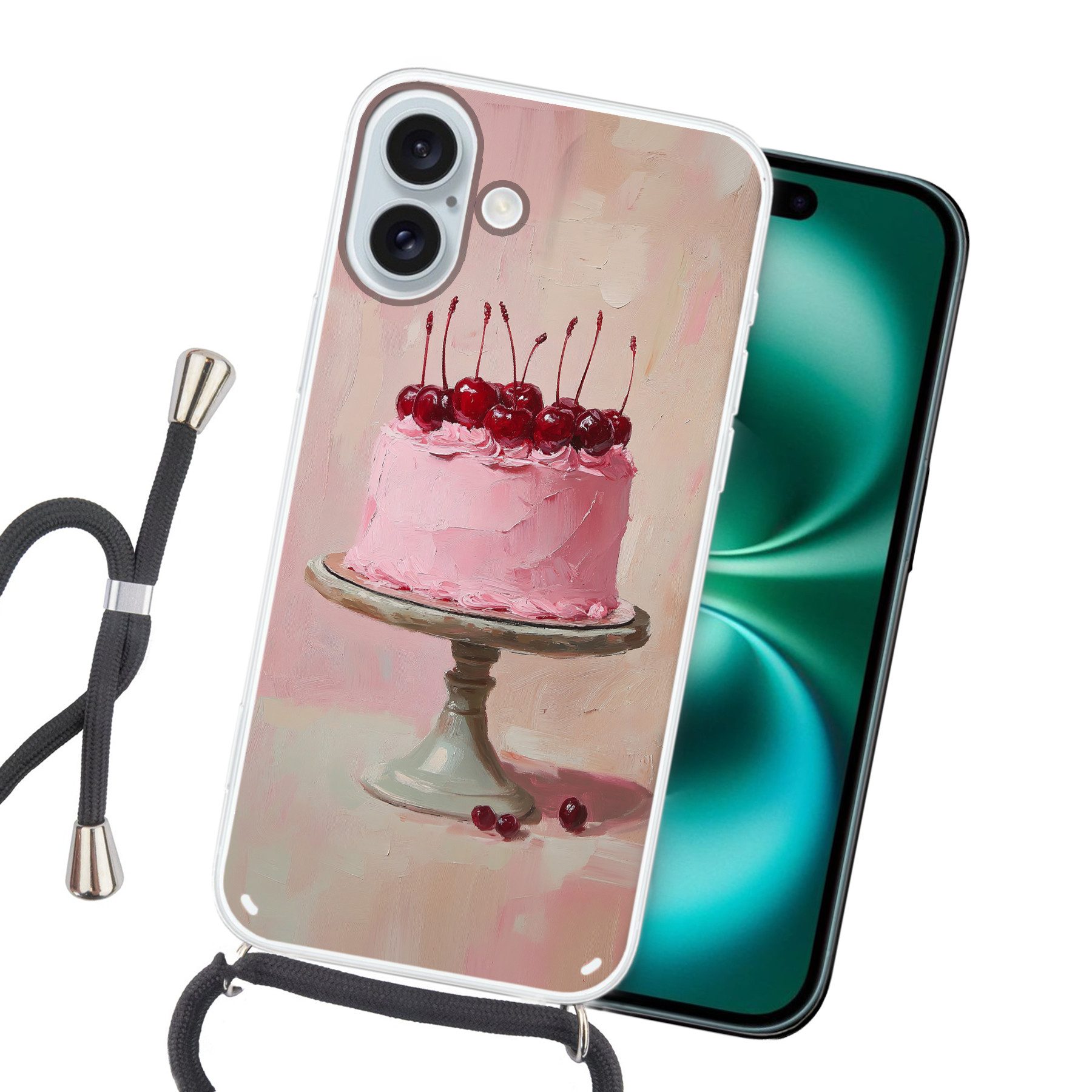 MuchoWow Handyhülle für Apple iPhone 16 Plus Torte - Rosa - Kirsche, Tragbare Handyhüllen mit Kette zum umhängen, Handykette Handyband