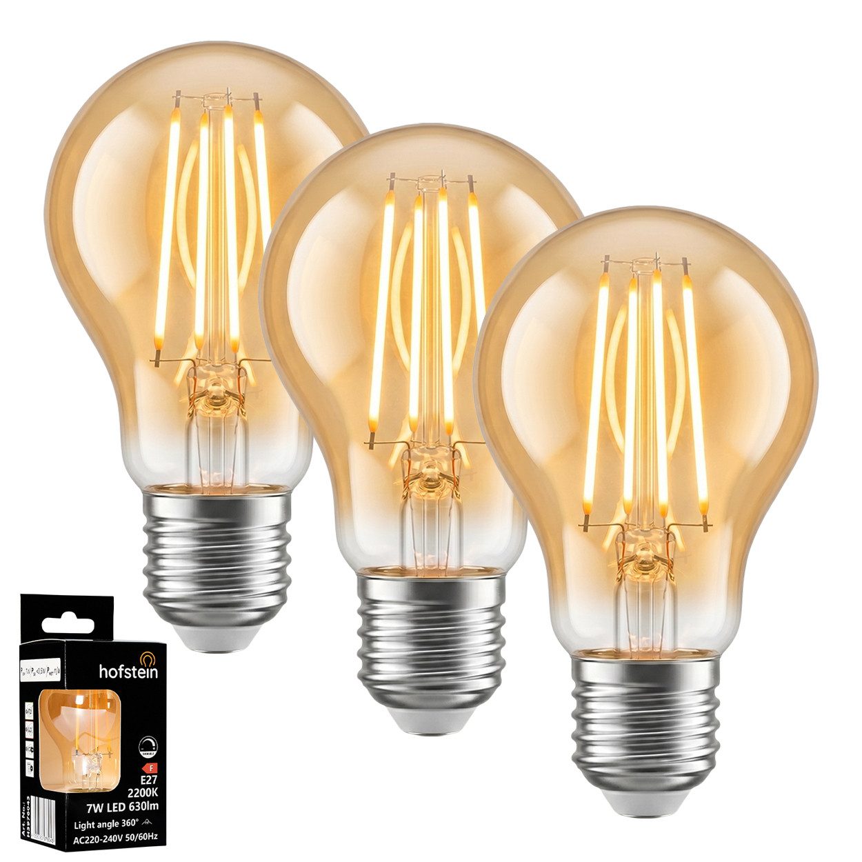 hofstein LED-Leuchtmittel 3er Set Glühbirne Extra Warmweiß dimmbar 7 Watt, E27, 2200 Kelvin, 630 Lumen, Klassisch, Filament, Amber