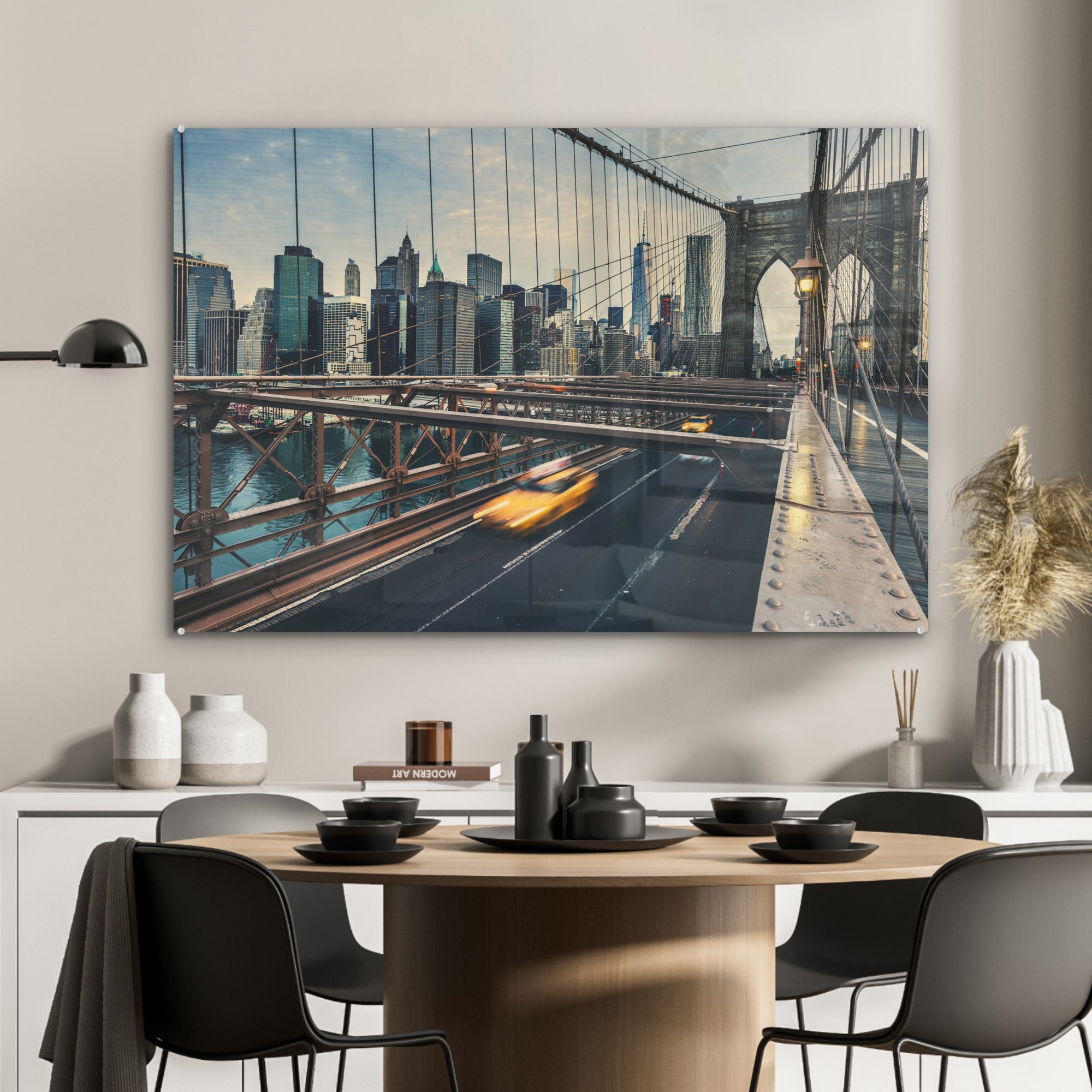 MuchoWow Acrylglasbild New York - Acrylglasbilder - Wohnzimmer Auto Brooklyn St), Schlafzimmer (1 Bridge, &