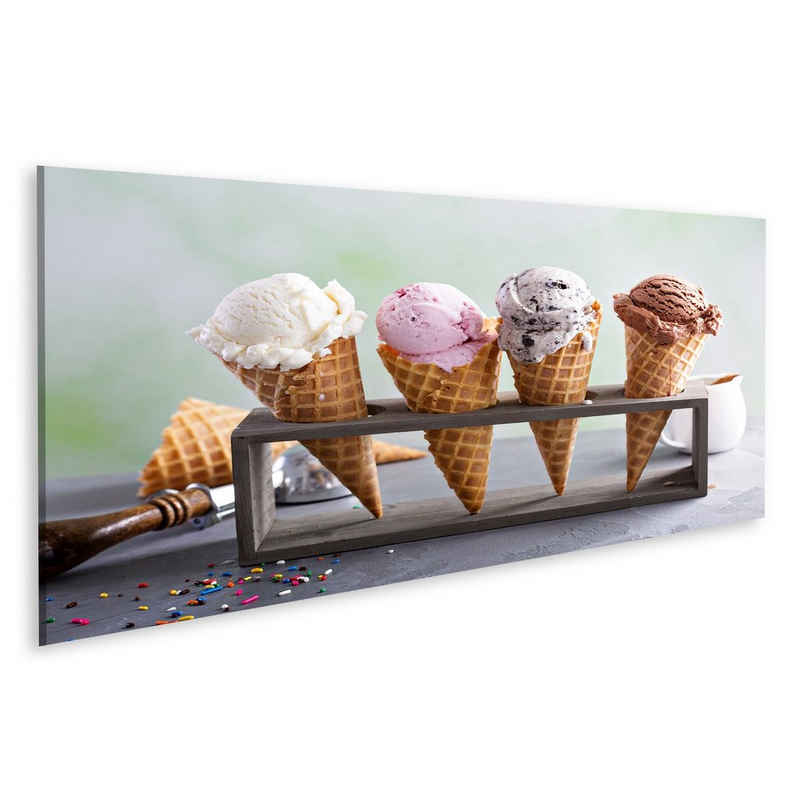 islandburner Leinwandbild Bild auf Leinwand Vielfalt Eiswaffeln Kugeln Schokolade Vanille Erdbee