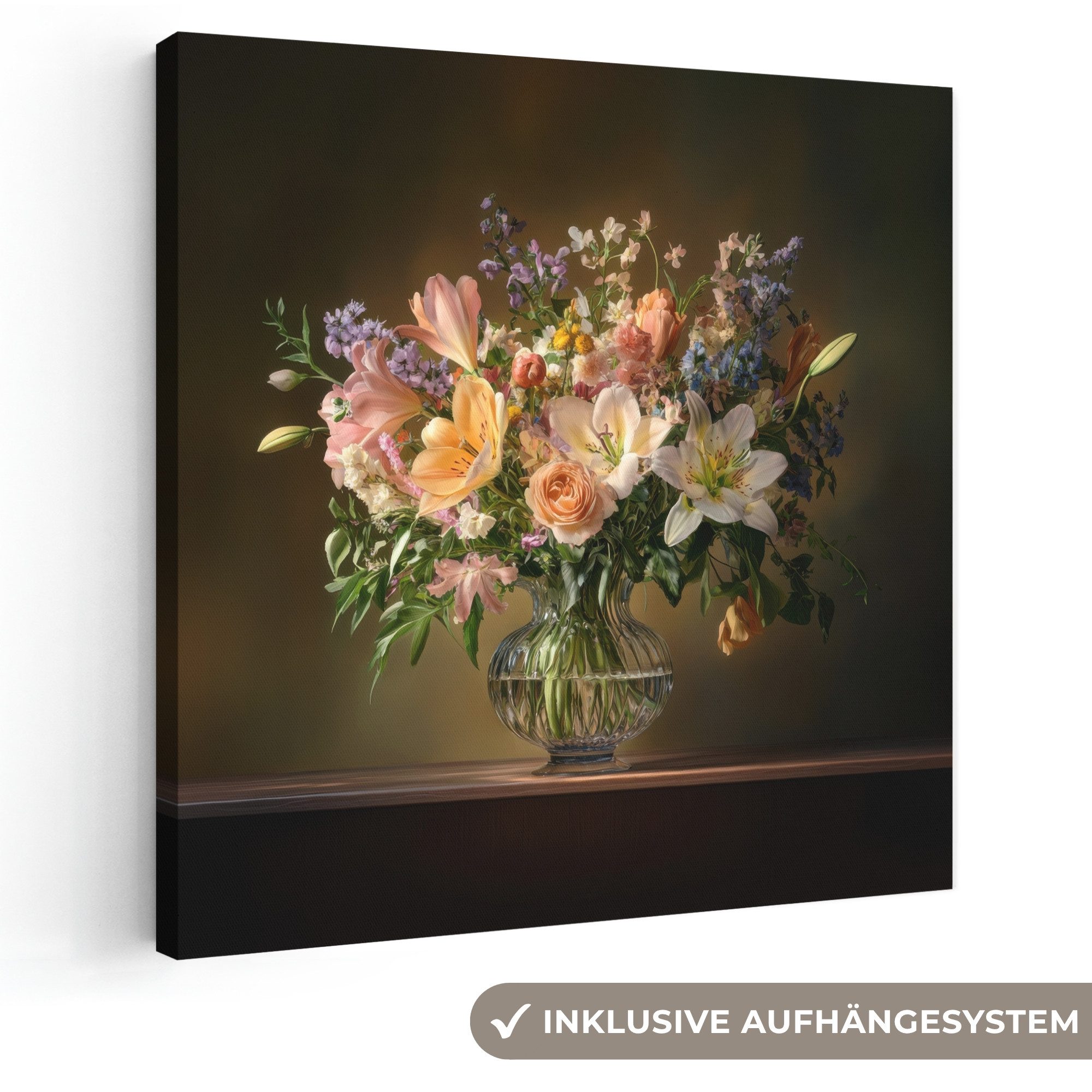 OneMillionCanvasses® Leinwandbild Gläser - Blumen - Blumenstrauß - Farben, Fotodruck (1 St), Wandbild, Deko Schlafzimmer Wohnzimmer Flur 20x20 cm