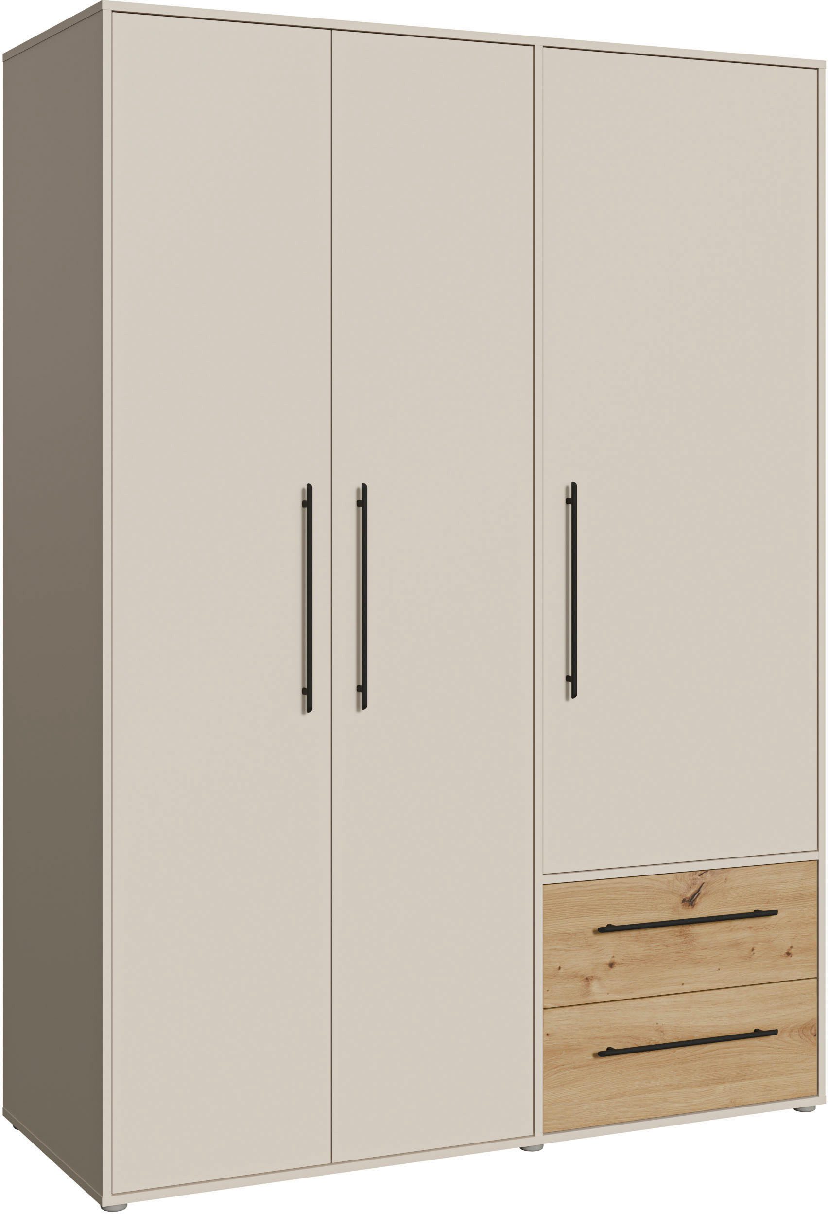 FORTE Kleiderschrank Mokkaris, Garderobe, zeitloses Design, 3 Türen, Made in Europe (B/H/T ca. 144x200x59cm) Zwei Schubladen, schwarze Stangengriffe, Stauraum, auch in Schwarz