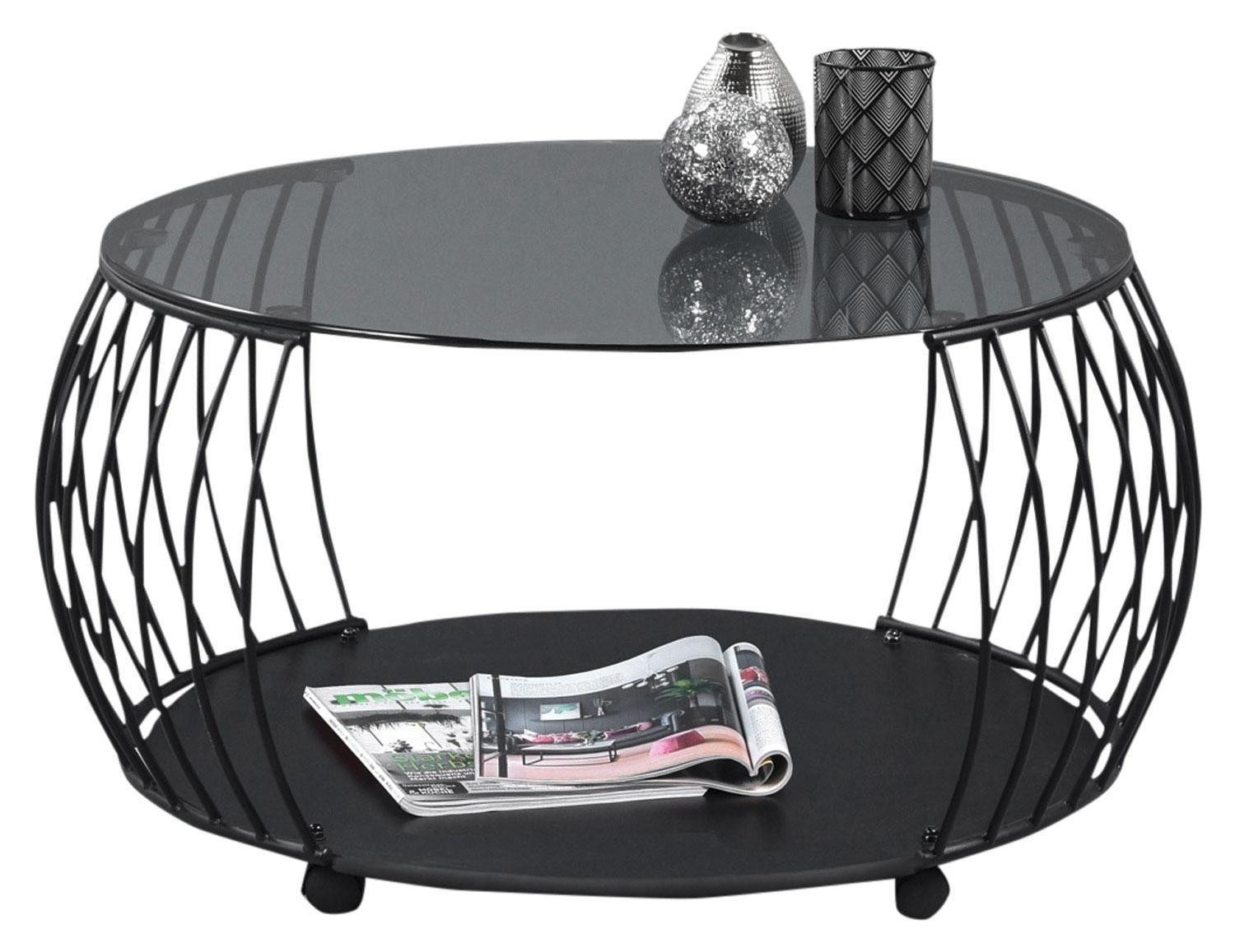 M2 Kollektion Couchtisch SHANGHAI, Ø 80 cm, Schwarz, Grauglas, Metall, mit Rollen, Ablagefläche aus MDF