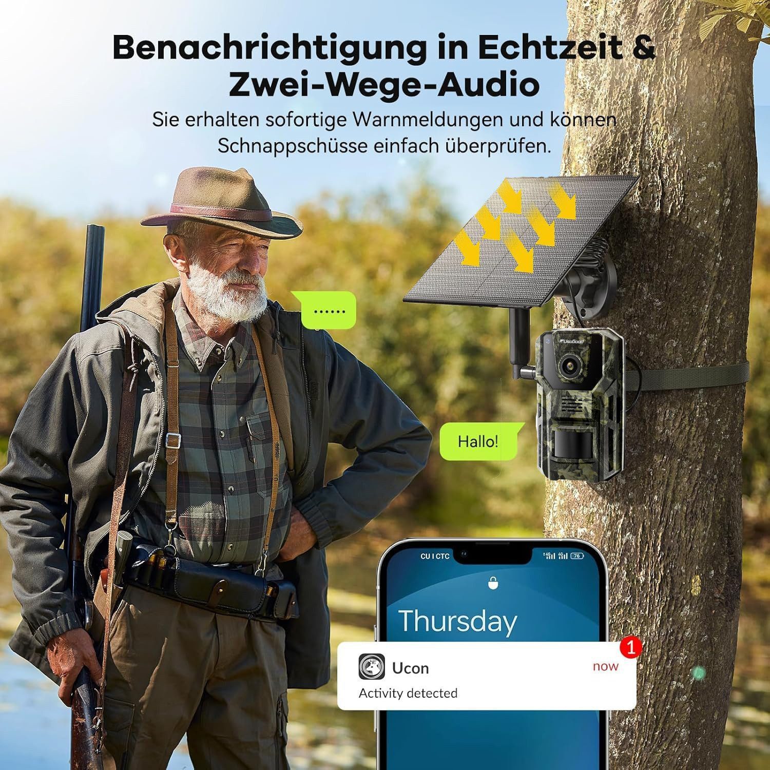 Usogood Wildkamera 4G Wildkamera mit SIM Karte LTE Solar Wildtierkamera (Aussen, außen, Außenbereich, Für Garten Haustierüberwachung, Wildtierkamera mit Handyübertragung App 940nm Infrarot Nachtsichtkamera, 1-tlg., Jagdkamera PIR Bewegungsmelder 120 °Weitwinkel 2-Wege-Audio, 0,2s Auslösezeit IP66 Wasserdicht 2K Überwachungskamera Aussen)