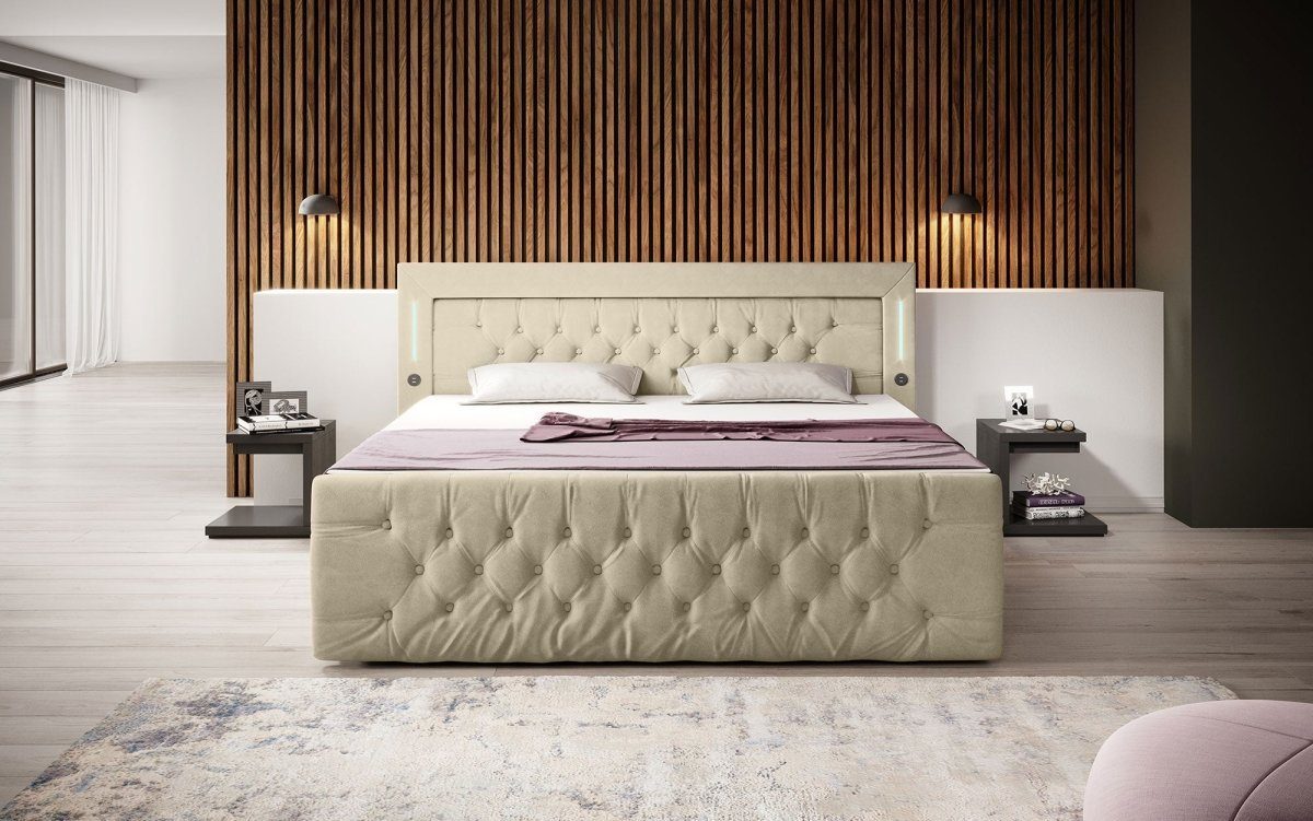Luxusbetten24 Boxspringbett Charme, mit LED-Beleuchtung, USB-Anschluss und Stauraum
