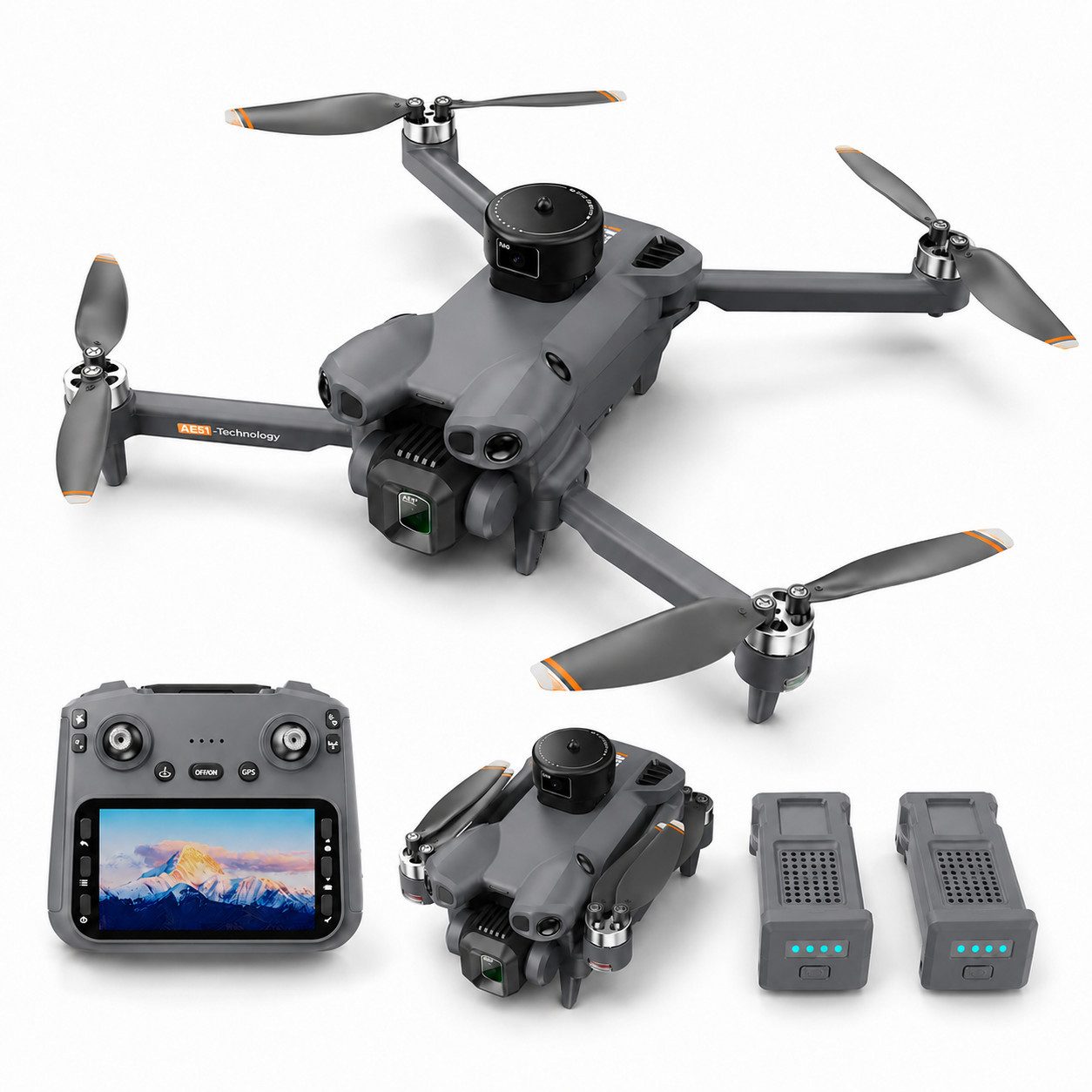 Goldstern-Tech RC-Quadrocopter AE51 (mit HD-Kamera, 4,5-Zoll-Display-Fernsteuerung), Hinderniserkennung, Return-to-Home, bis 50 min Flugzeit
