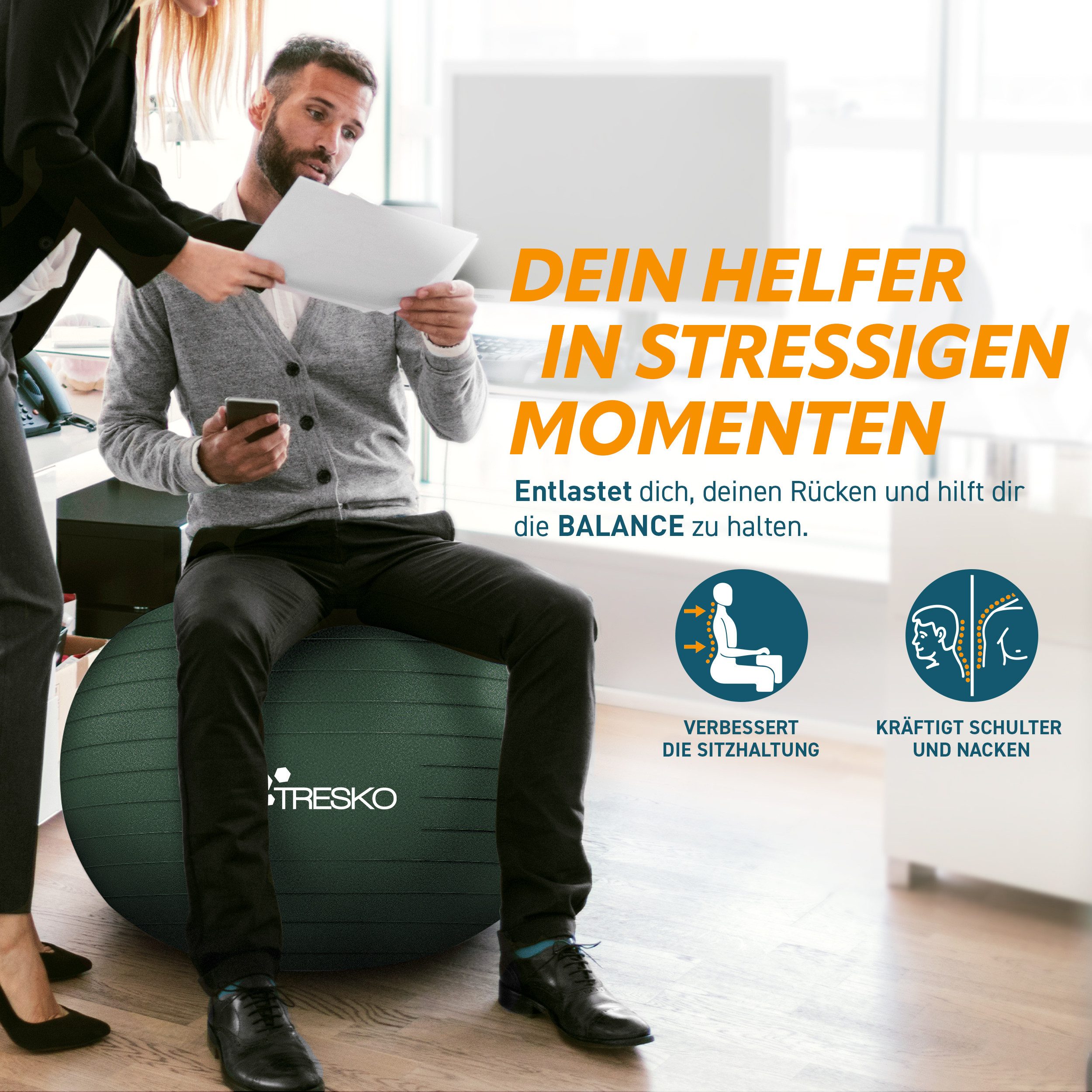 TRESKO Gymnastikball mit GRATIS Übungsposter inkl. Luftpumpe Yogaball, BPA-Frei Sitzball Büro Anti-Burst inkl. Luftpumpe, Fitnessball – Bild 3 von 5