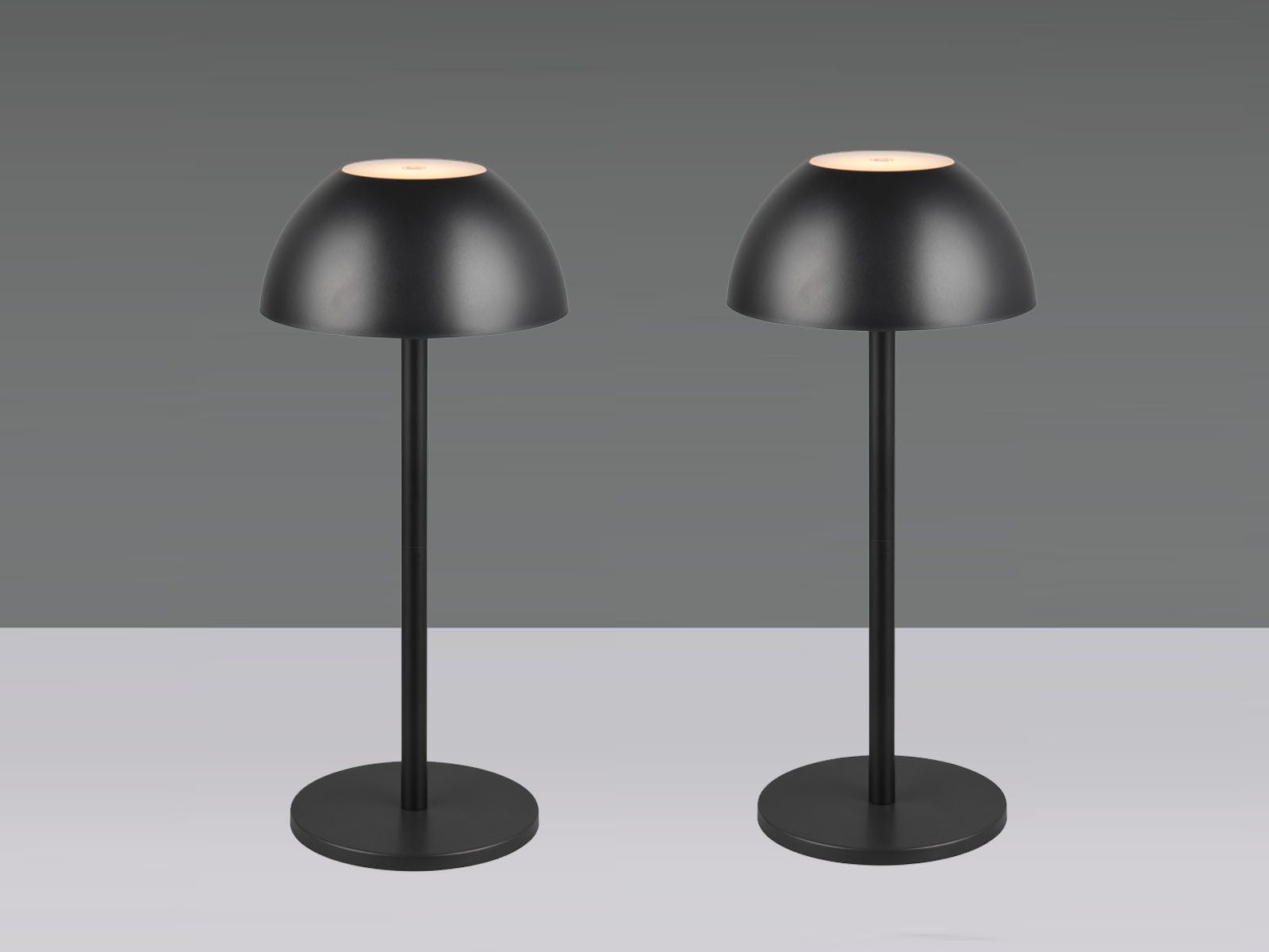 Reality Leuchten LED Außen-Tischleuchte, dimmbar, LED fest integriert, Warmweiß, 2er SET kabellos-e Akku Pilz-Lampen Outdoor in Schwarz, 30cm klein