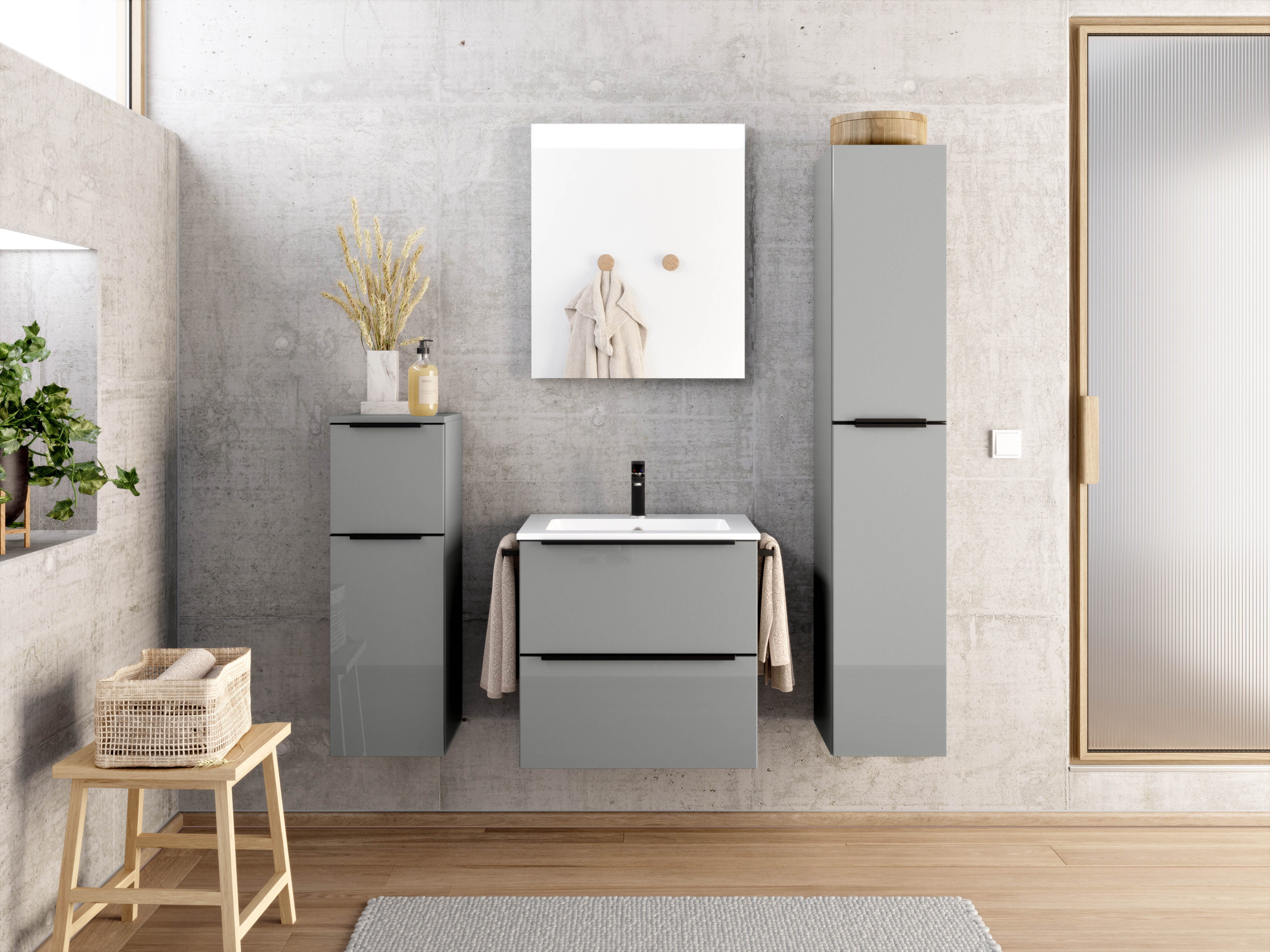 nobilia® Badmöbel-Set Levere, (2-St., vormontiert, mit Soft-Close), Hochglanz, inkl. Spiegel mit Touch-Sensor, in vier Breiten