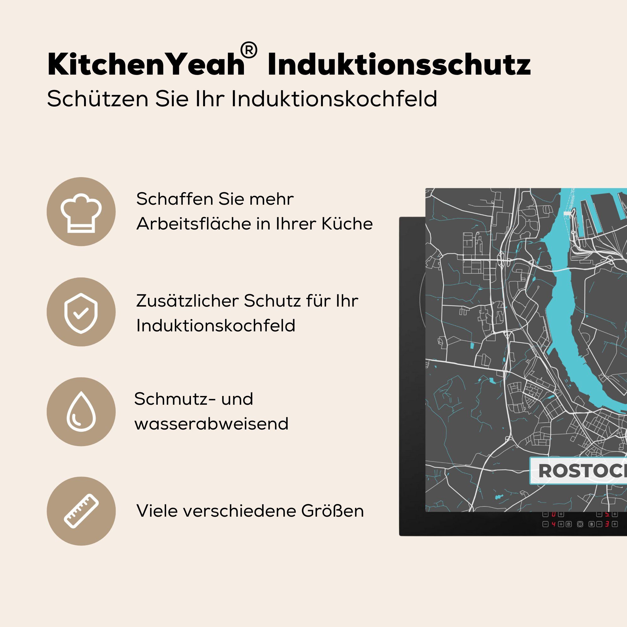 78x78 Arbeitsplatte Blau MuchoWow Deutschland Rostock, - (1 küche cm, - Vinyl, Ceranfeldabdeckung, für tlg), Herdblende-/Abdeckplatte Karte -
