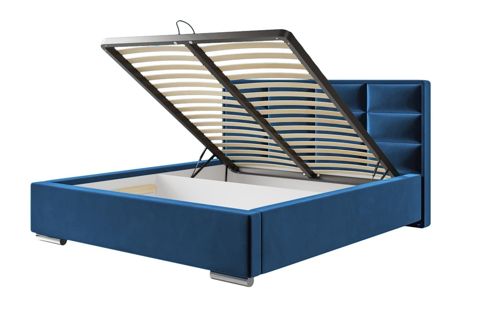 mit 180 140 Gaszylinder, gepolsterten mit Paneelen / Marineblau (Velour Polsterbett mit 160 / Doppelbett, Bett cm), Uno (kronos Beautysofa 09) Bettkasten, Metallrahmen