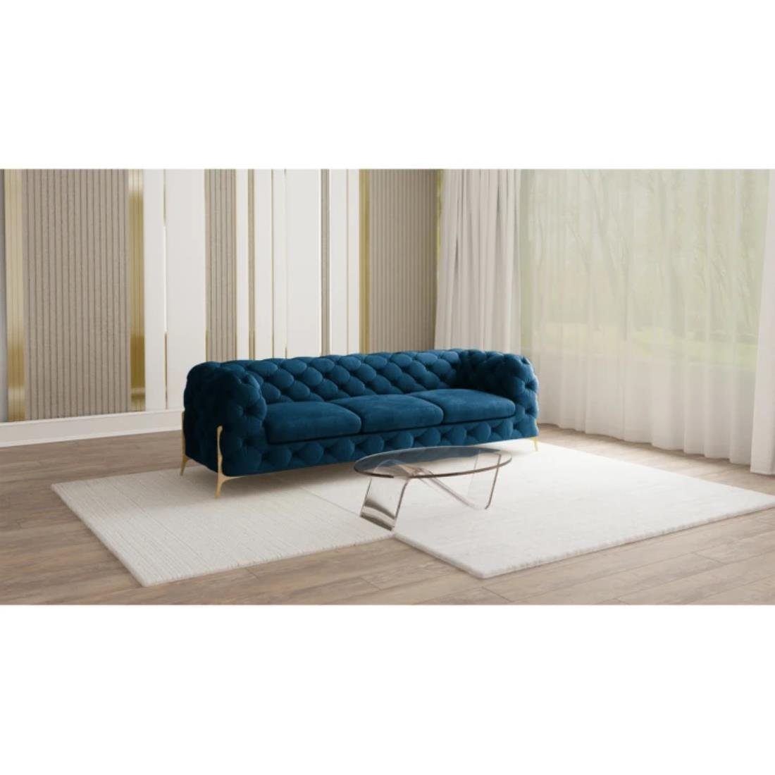 S-Style Möbel 3-Sitzer Ashley Chesterfield Sofa mit Goldene Metall Füßen, mit Wellenfederung Marineblau