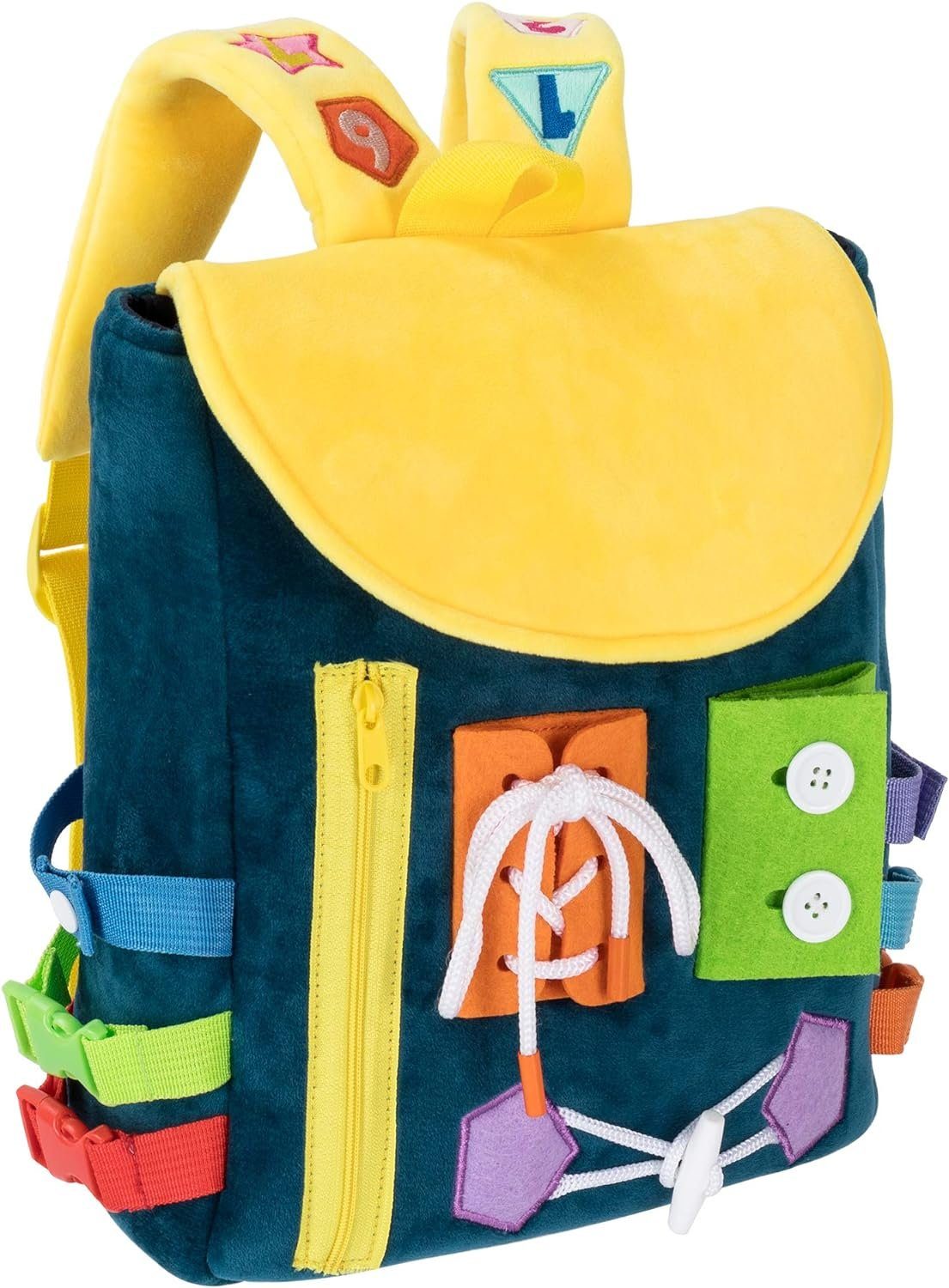 keystar Kinderrucksack Kleinkindrucksack mit Schnallen und Lernspielzeug zur (Förderung feinmotorischer Fähigkeiten und grundlegender Lebenskompetenzen -, 28cm hoch, nur 360g leicht-tlg., Kinderfreundliches Plüsch Material, Nummern zählen lernen), ab Kleinkinder für 18 Monate - maschinenwaschbar, Reisespielzeug