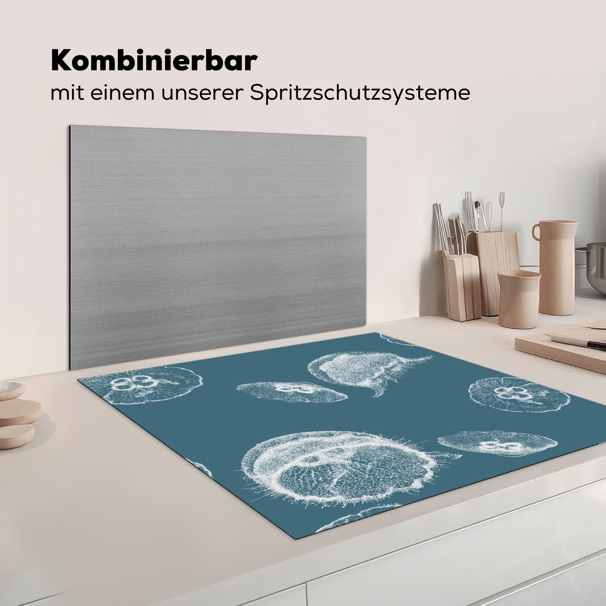 Vinyl, (1 Qualle cm, Herdblende-/Abdeckplatte - Weiß, Ceranfeldabdeckung, MuchoWow Illustration Arbeitsplatte tlg), für küche 78x78 -