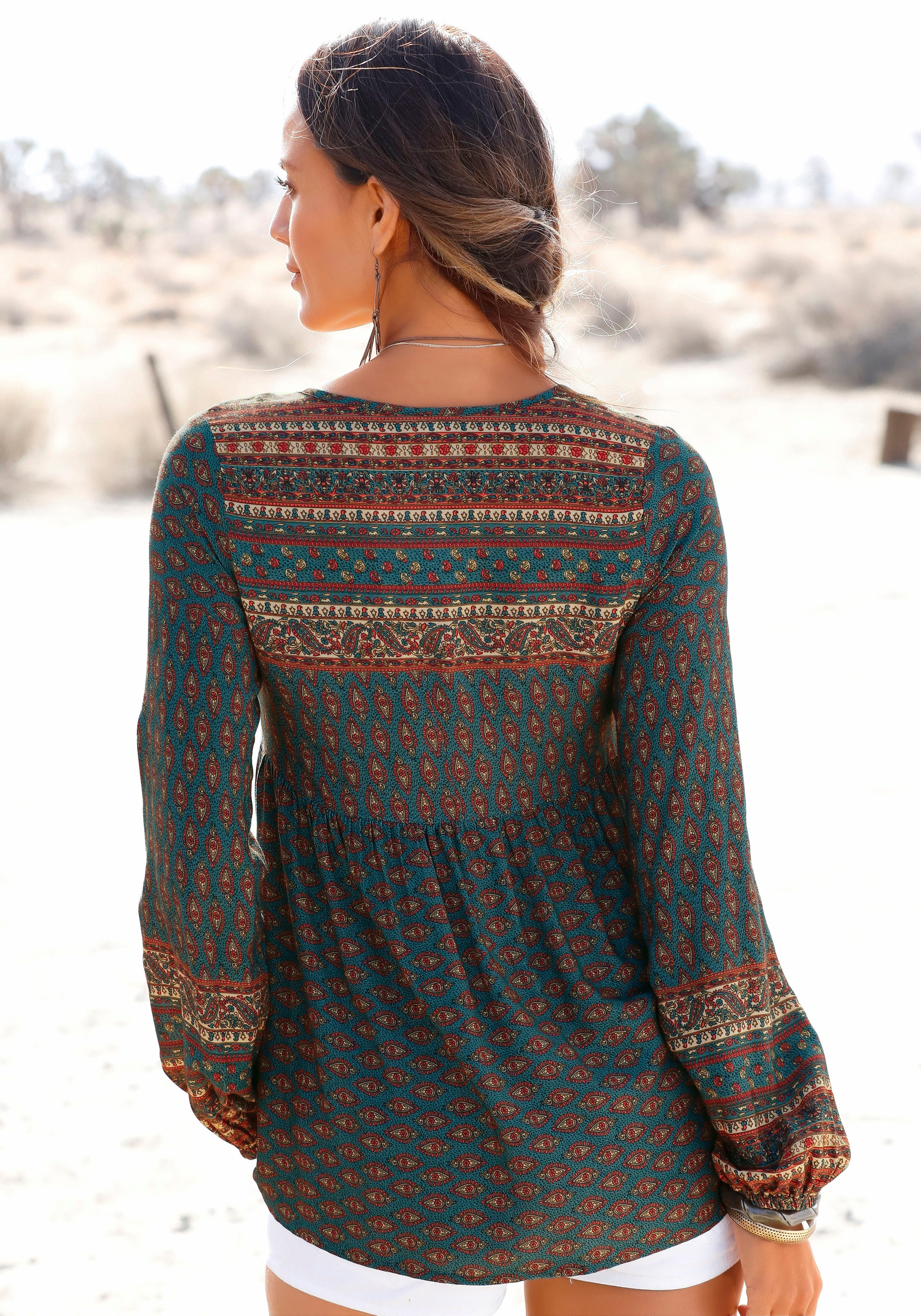 Buffalo Schlupfbluse mit Ethnodruck und Zierperlen, Boho-Style, Langarmbluse