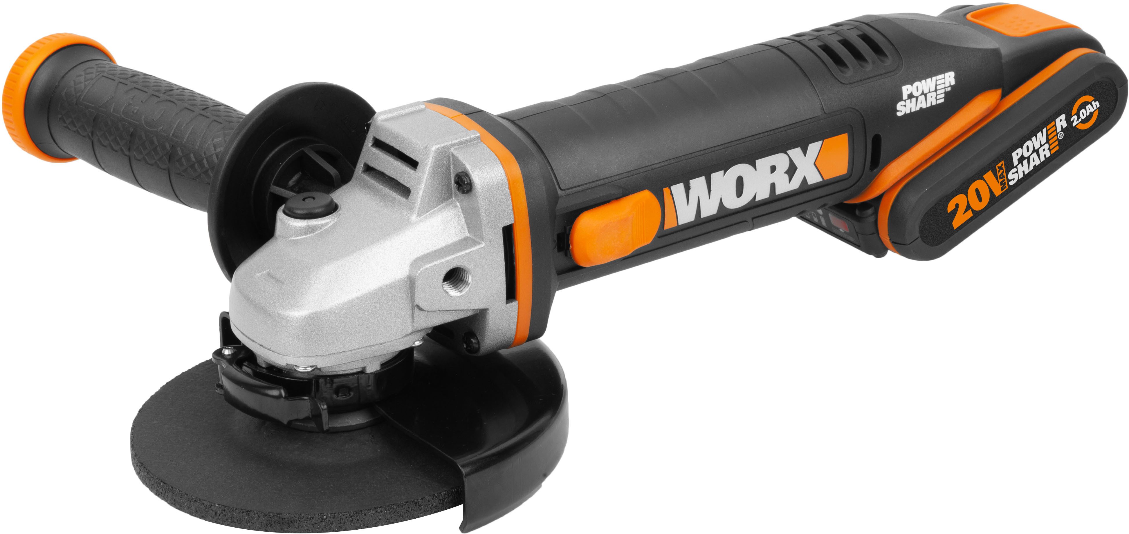 Worx Akku-Winkelschleifer WX803, 125 mm Scheiben, 2-Position Handgriff, mit Akku & Ladegerät