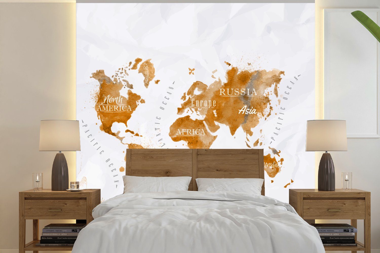 bedruckt, Karte Welt, Wohnzimmer Schlafzimmer - - MuchoWow Vliestapete St), (4 Matt, Küche, Gold für Fototapete Fototapete