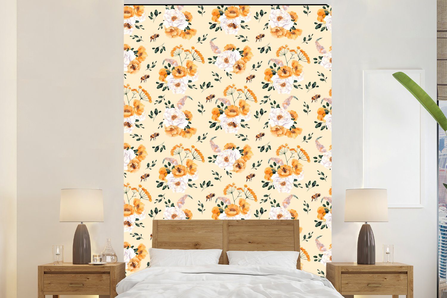 MuchoWow Fototapete Anemone - Blumen - Pastell - Gelb, Matt, bedruckt, (3 St), Montagefertig Vinyl Tapete für Wohnzimmer, Wandtapete