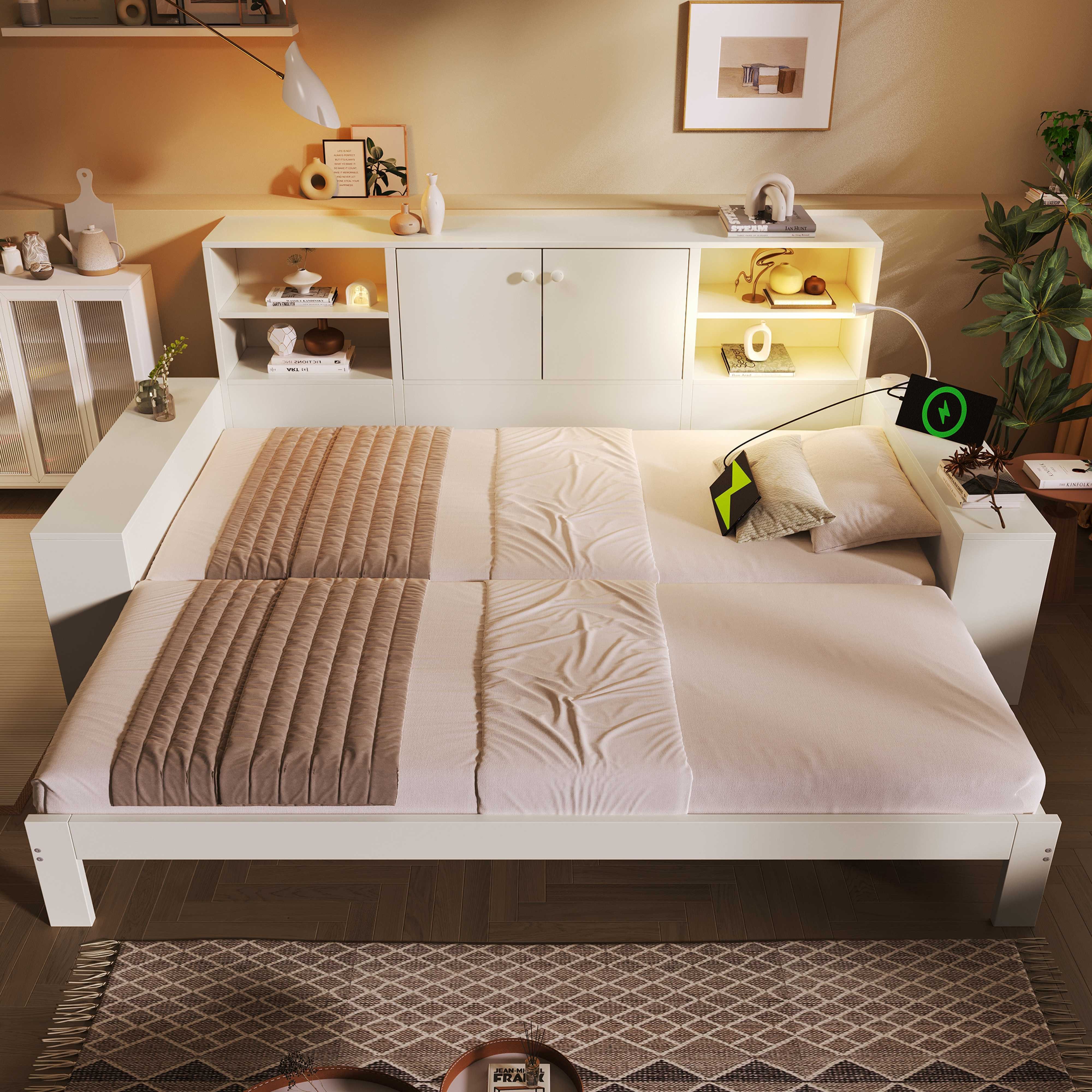 BlingBin Daybett Stauraumbett Tagesbett mit Lattenrost (Kopfteil mit USB/USB‑C & Schnelllade-USB + flexiblem Leselicht, 1 tlg), 90x200 cm mit Ausziehbett auf 180x200, ohne Matratze
