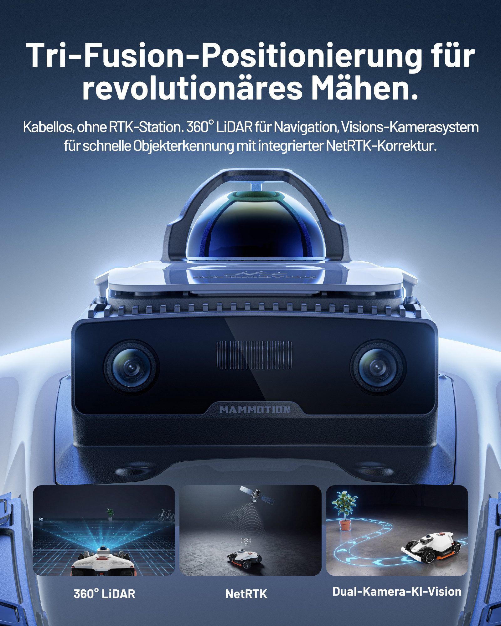 Mammotion Rasenmähroboter LUBA 3 AWD 3000 Mähroboter ohne Begrenzungskabel, bis 3000 m² Rasenfläche, (mit Garage, Waschständer), 360° LiDAR+NetRTK+KI Vision, Allradantrieb, Auto-Kartierung, APP