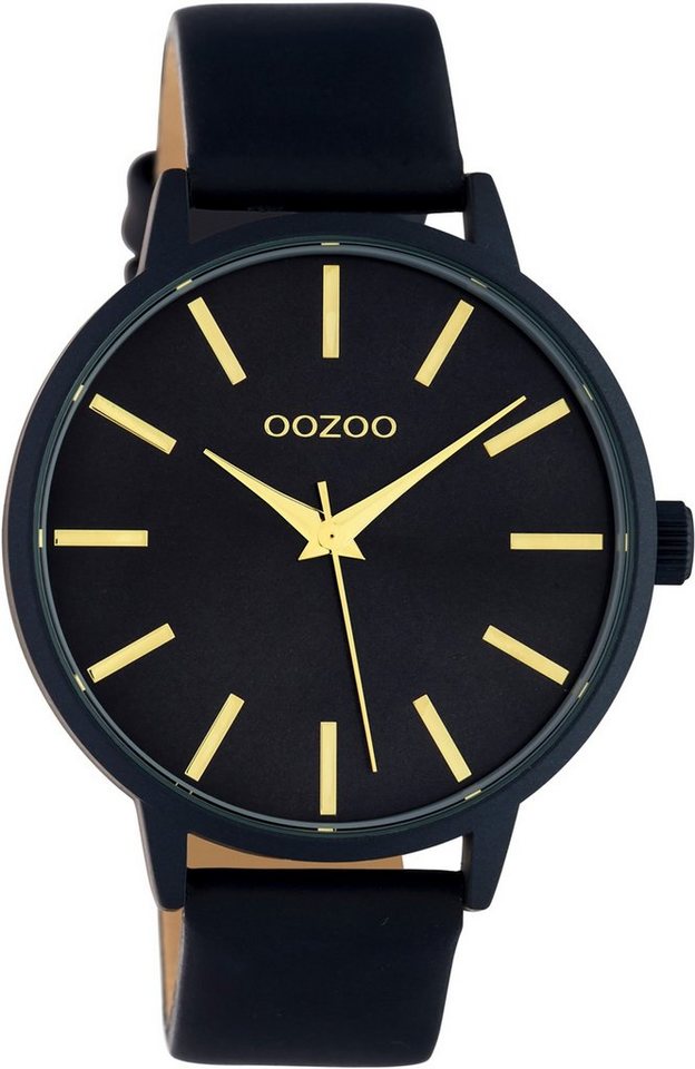 OOZOO Quarzuhr Oozoo Damen Armbanduhr dunkelblau Analog, Damenuhr rund,  groß (ca. 42mm) Lederarmband, Fashion-Style