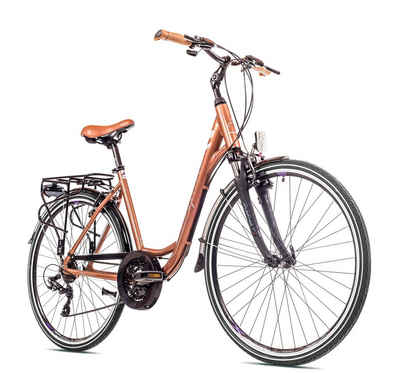 breluxx Trekkingrad »28 Zoll ALU Damenfahrrad Trekking Elegance bronze, Citybike mit Gepäckträger + Beleuchtung«, 21 Gang Shimano Tourney Schaltwerk, Kettenschaltung