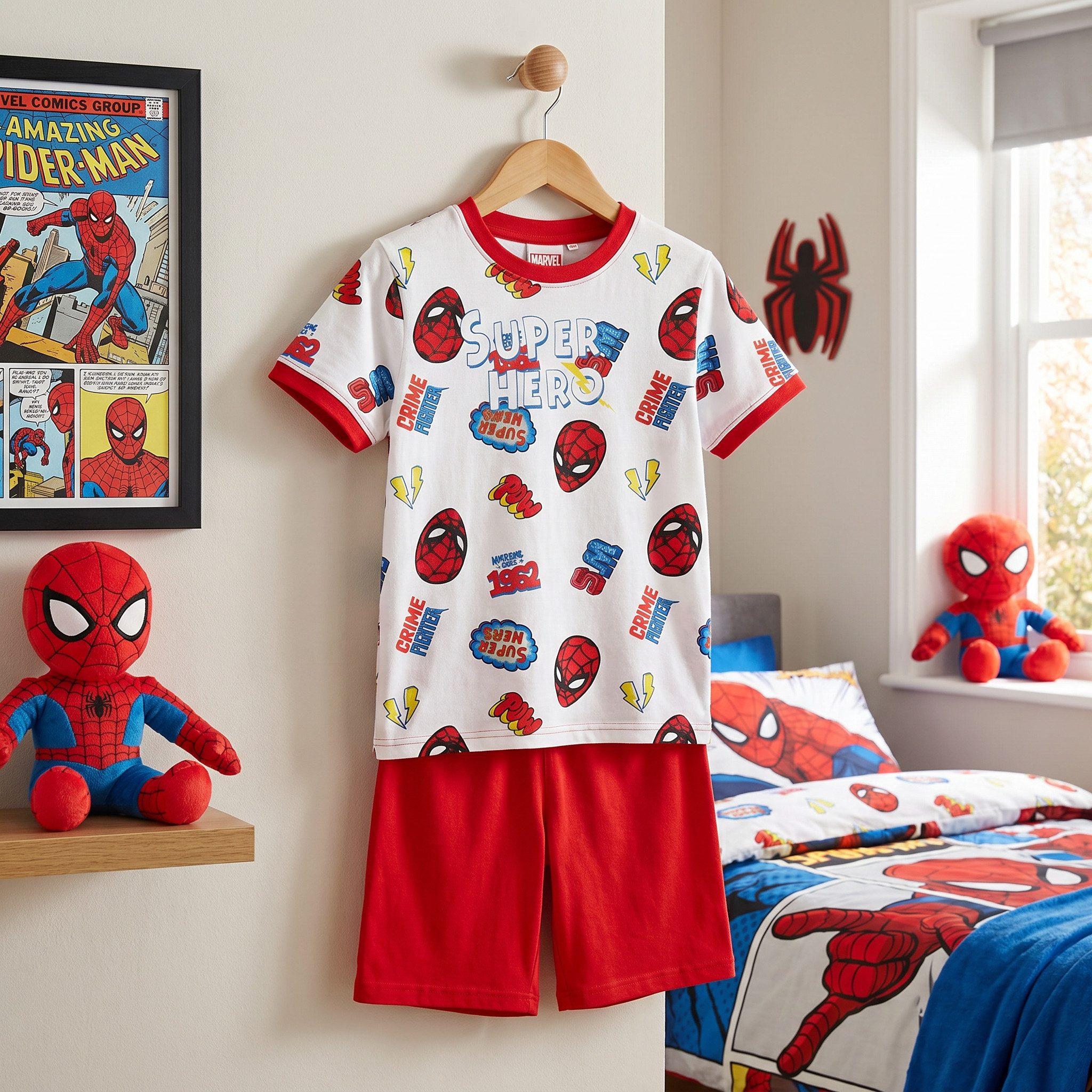 MARVEL Schlafanzug Spiderman kurzarm Kinder Pyjama Gr. 104 bis 134, 100% Baumwolle, Blau oder Rot
