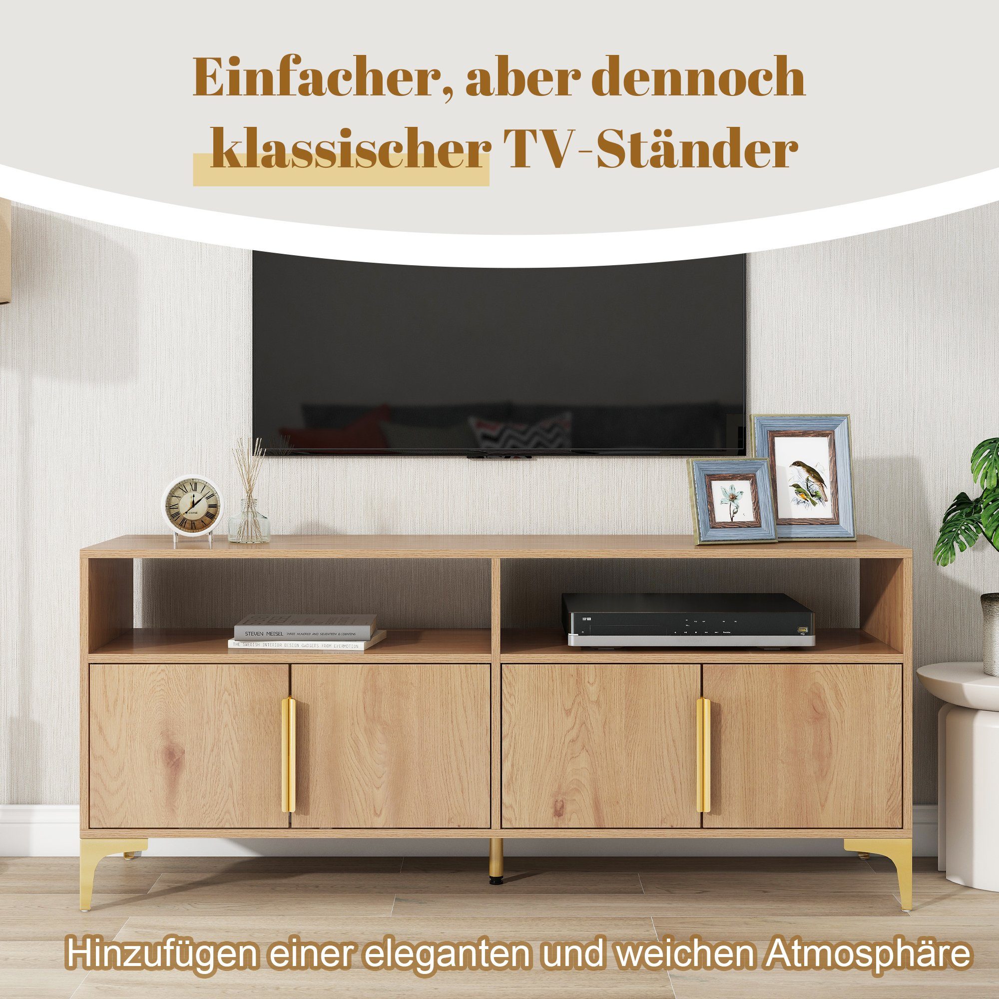 mit Sideboard, Breite: TV-Schrank Stauraum großen Merax im Lowboard Metallfüße, mit Landhausstil 147cm goldenen