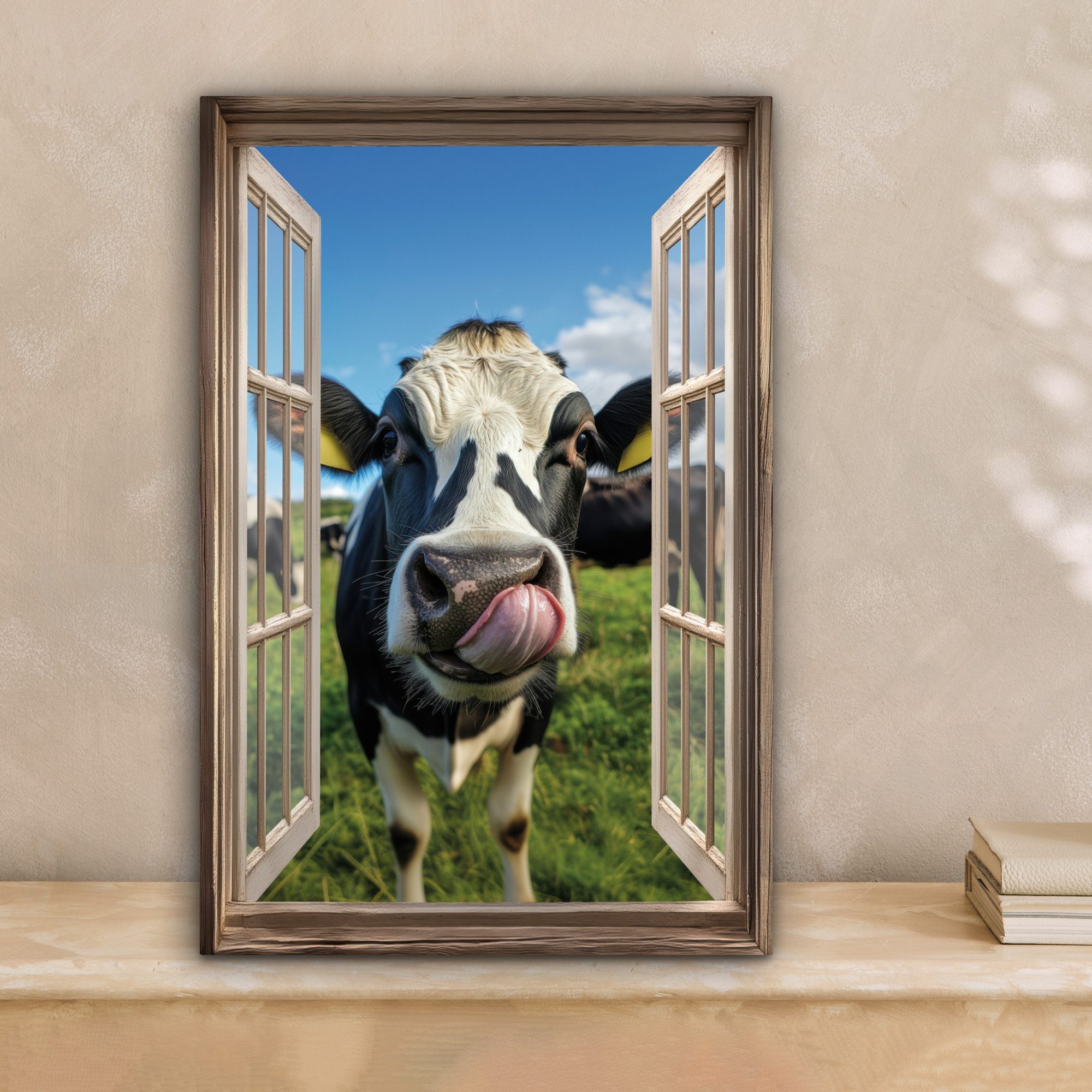 OneMillionCanvasses® Leinwandbild Durchgucken - Kuh - Wiese - Tiere - Natur, Fotodruck (1 St), Leinwand Canvas Wandbild, Wanddekoration 20x30 cm