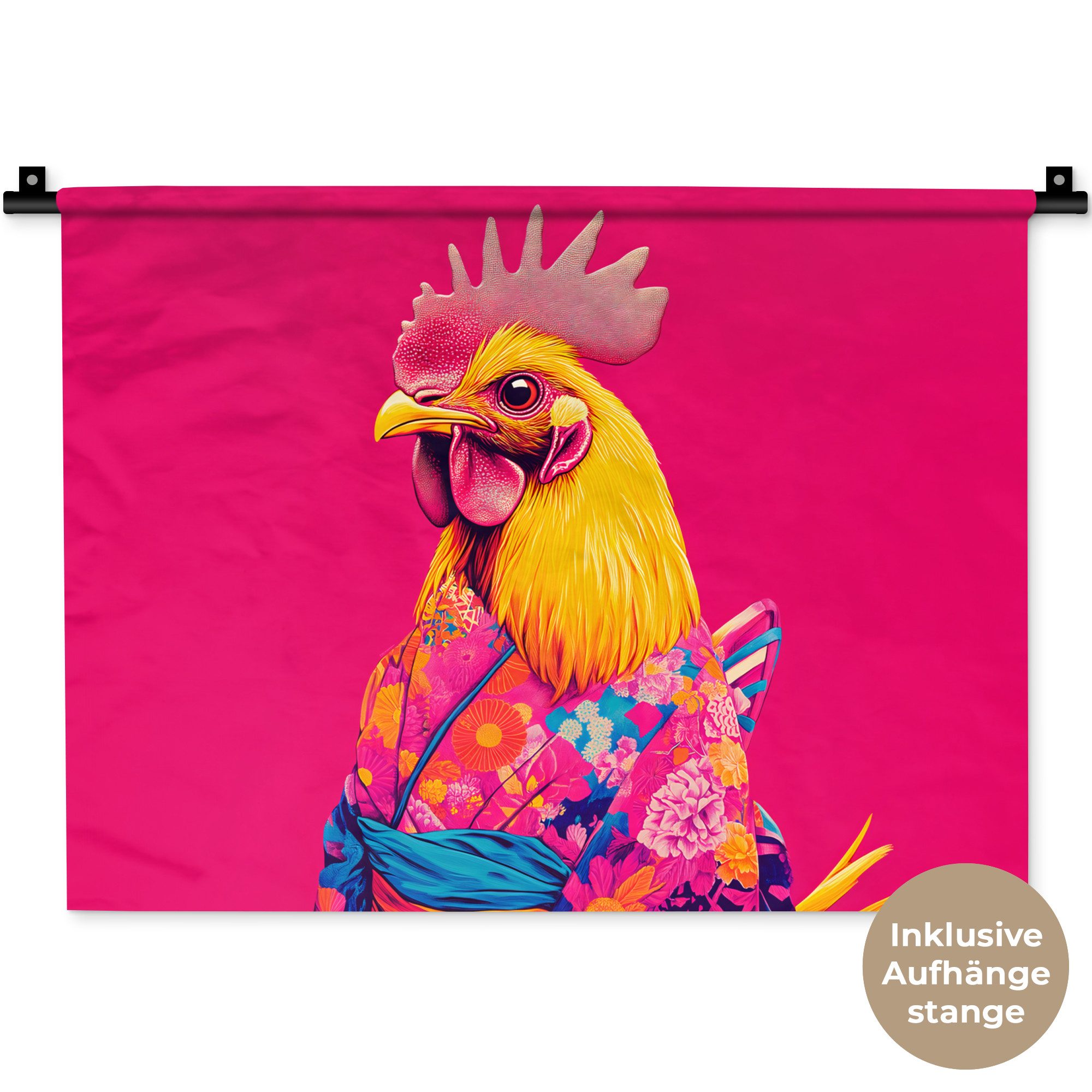 MuchoWow Wandteppich Hahn - Bunt - Kimono - Rosa, Rechteckig, Höhe: 3 mm, Wanddeko Teppich Wohnzimmer, Schlafzimmer, 60x45 cm