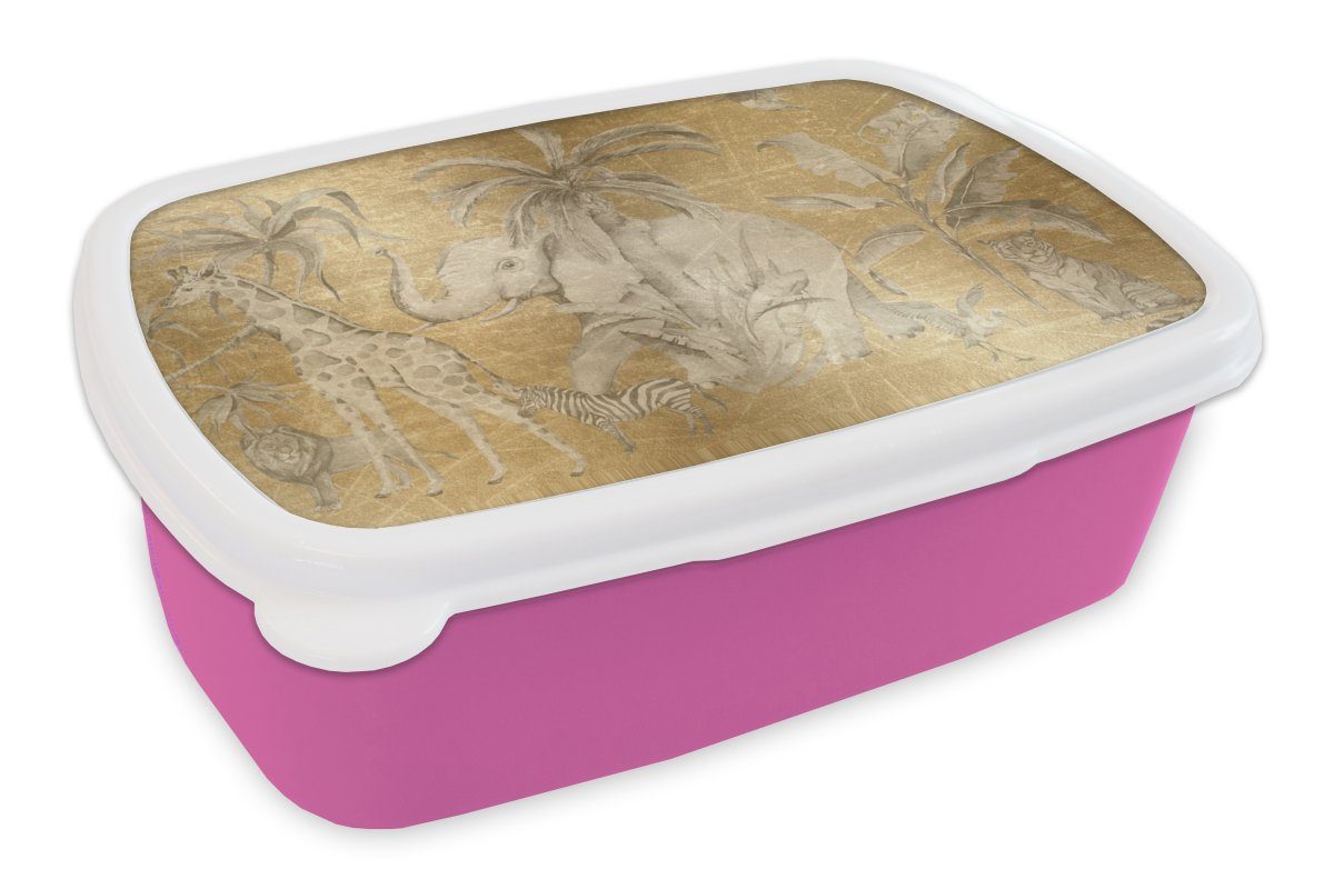 MuchoWow Lunchbox Dschungel - Kinder - Gold - Tiere, Kunststoff, (2-tlg), Brotbox für Erwachsene, Brotdose Kinder, Snackbox, Mädchen, Kunststoff rosa