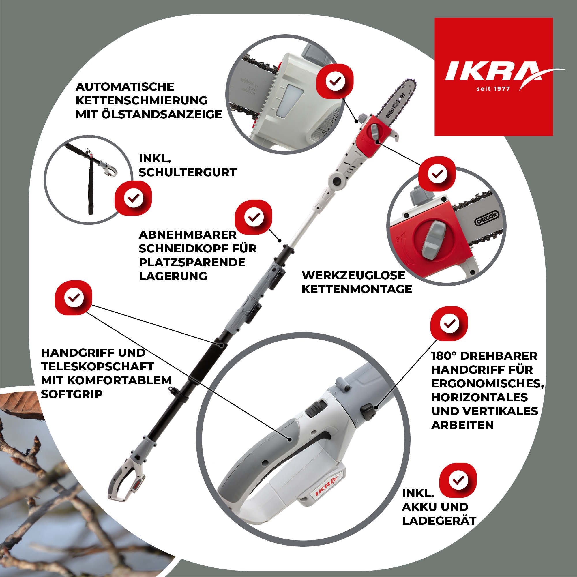 ikra GmbH Akku-Hochentaster ICPS 2020, bis 4 m Arbeitshöhe, (inkl. Akku & Ladegerät), 20 cm Sägelänge, bis 4m Arbeitshöhe, inkl. Ersatzkette – Bild 3 von 5