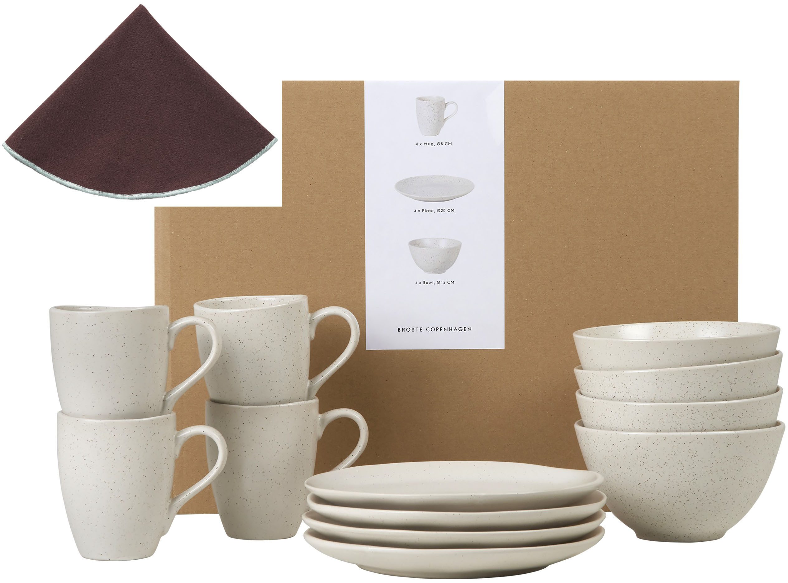 Broste Copenhagen Frühstücks-Geschirrset Nordic Vanilla, inklusive Serviette Wilhemina (16-tlg), 4 Personen, Keramik, Beliebte Geschirr Sets Exclusiv mit Geschenk