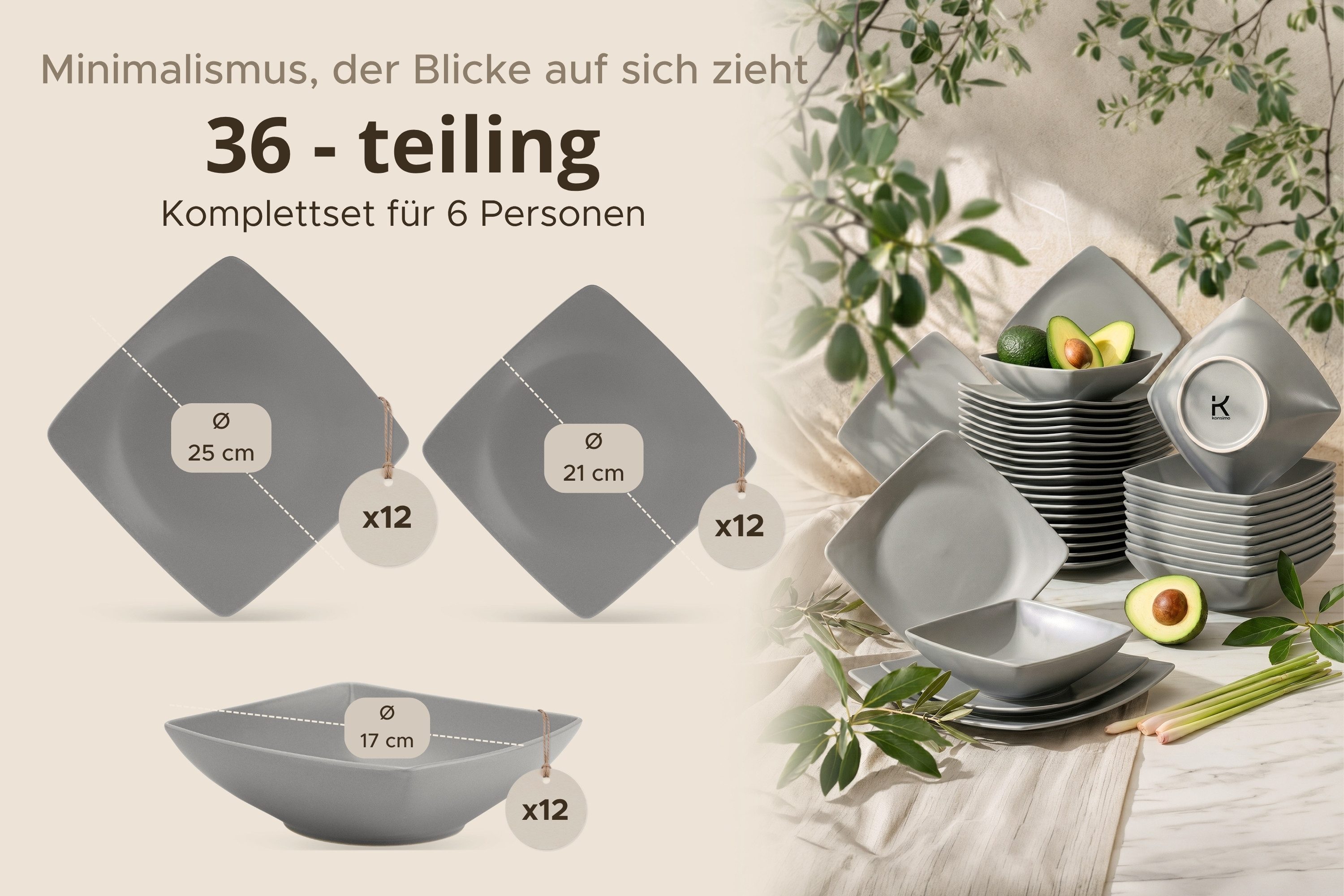 KONSIMO® Kombiservice EPIRI Geschirrset 36-tlg, für 12 Personen, EU-Ware, Steinzeug (36-tlg), 12 Personen, Keramik, quadratisch, Spülmaschinenfest Mikrowellenfe – Bild 5 von 5