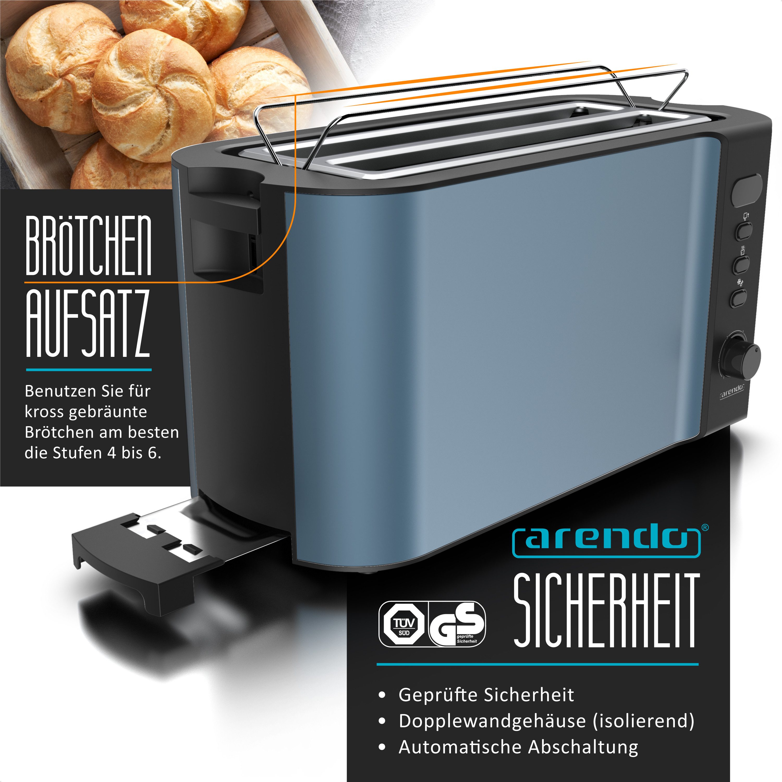 Arendo Toaster Edelstahl, Langschlitz, Display mit Restzeitanzeige, Krümelschublade, 2 lange Schlitze, für 4 Scheiben, 1500 W, Defrost Funktion, Wärmeisolierendes Gehäuse, mit Brötchenaufsatz