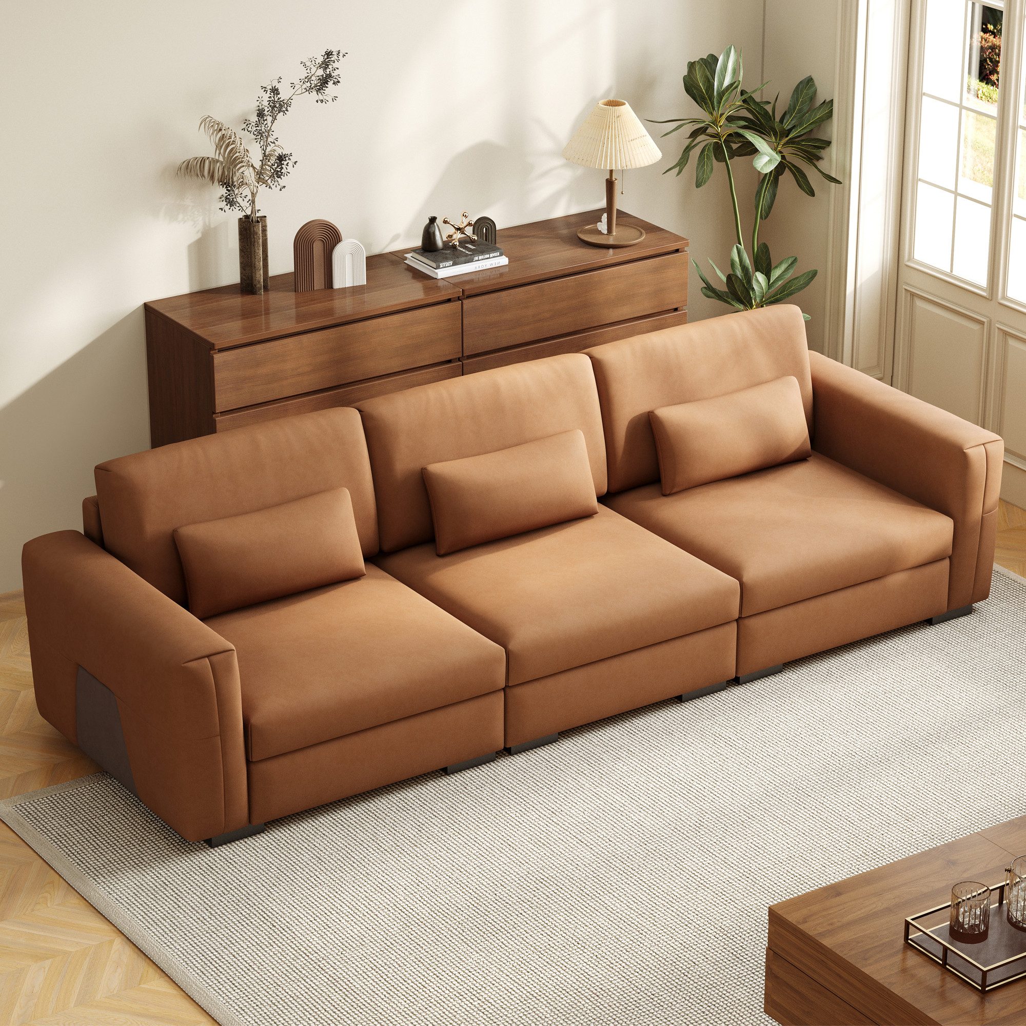 oleyluckidea Big-Sofa Lederoptik 3 Sitzer Sofa weich gepolstert mit Armlehnen modern, Set