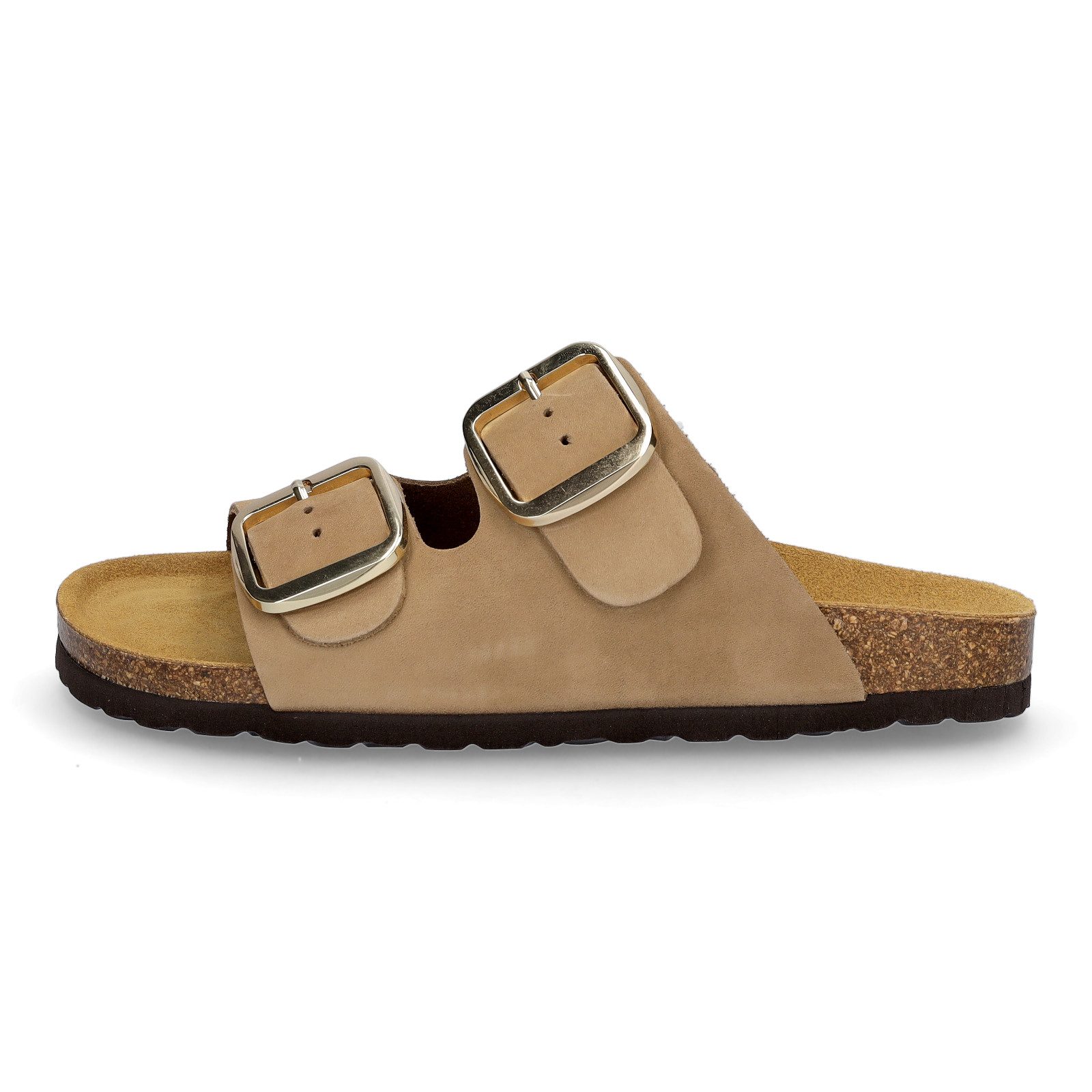 MIDS MIRI Damen Pantolette beige, Zweiriemer mit ergonomischem Lederfußbett & großer Schnalle